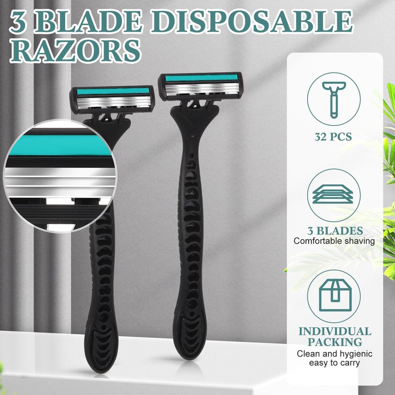 Wovnet 32 Pcs Men's Disposable Razors Bulk 3 Blade Shaving Razor for Sensitive Skin Comfortable Graduation Father's Day Favor