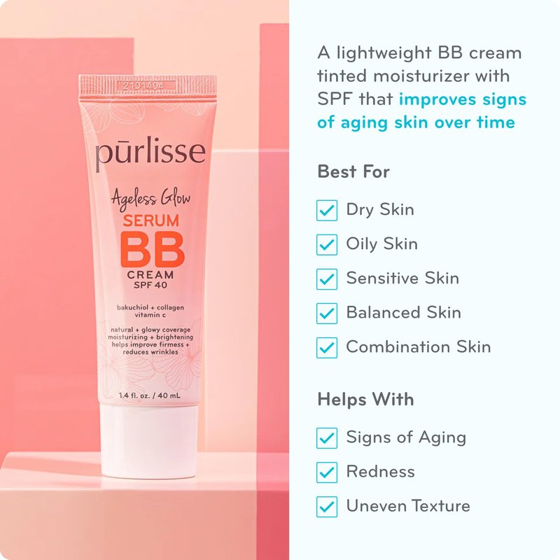 pūrlisse Ageless Glow Serum BB Cream SPF 40 - Glowy Tinted Moisturizer with SPF - Korean Skin Care Formula with Vitamin C & Bakuchiol to Firm, Brighten & Even Skin - Light Medium (1.4 oz)