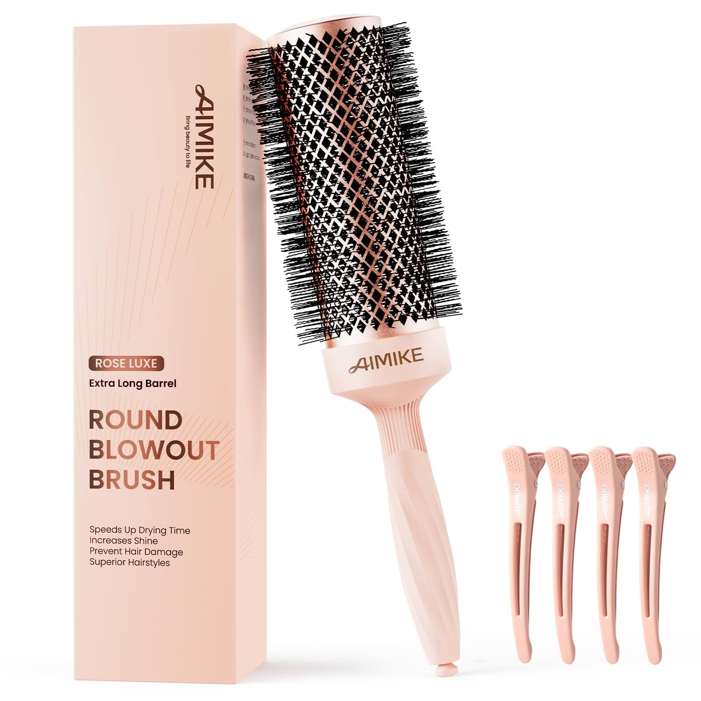 AIMIKE Round Brush for Blow out, Rose Luxe Extra-Long Round Hair Brush Ionic & Nano Thermal Ceramic Tech, for Blow Drying & Styling Volumizing Thick Long Hair, with 4 Clips (Barrel 2.1", Bristle 3")