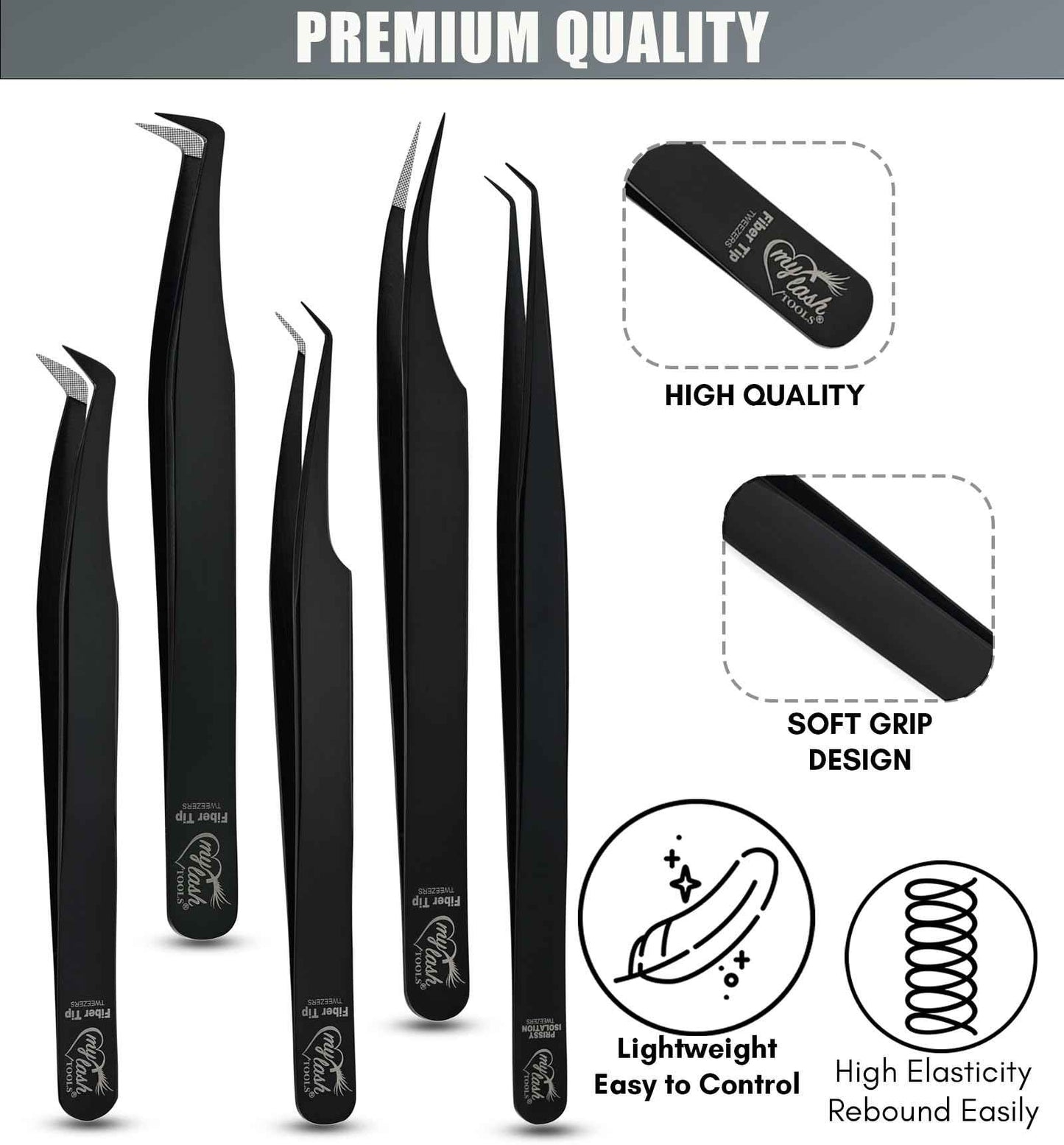 My Lash Tools Fiber Tip Lash Tweezers for Lash Extensions Precision Boot Volume Eyelash Extensions Tweezers Japanese Steel Curved Isolation Tweezer Set Fiber grip tweezers pinzas para (5pcs, Black)