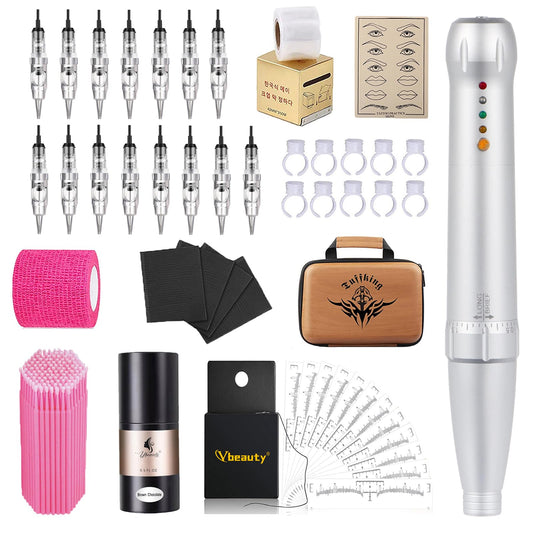 Permanent Eyebrow Makeup Corded Tattoo Pen Kit for Eyebrow Lip Eyeliner Eyebrow Makeup Wired Tattoo Machine With 15 pcs Cartridge Needles Microblading Supply Ombre Powder Brows(Permanent Kit) (Snow)