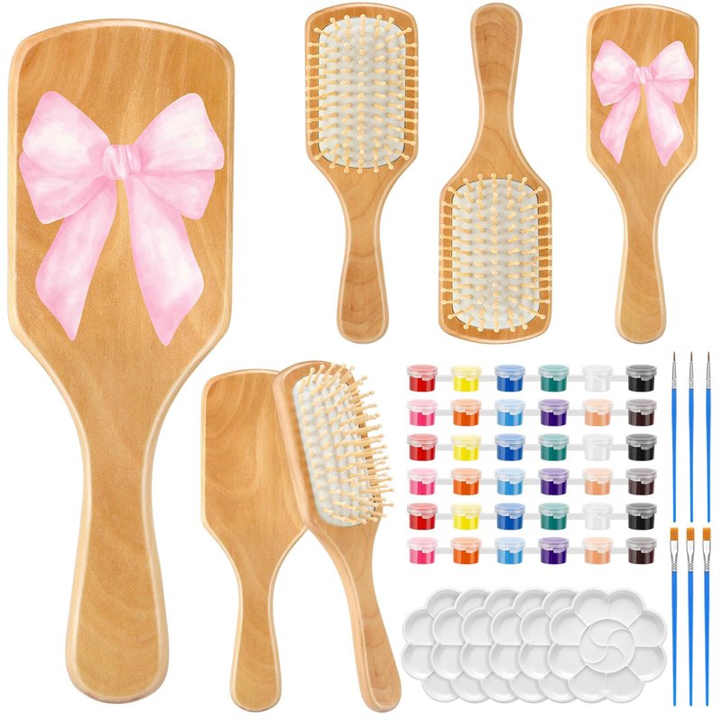 Meanplan 6 Set DIY Wooden Hairbrush Painting Kits Make Your Own Hair Brush Girls Hand-Painted Hairbrush Night Party Supplies with Paint Brush and Palette for DIY Gift Party Crafts