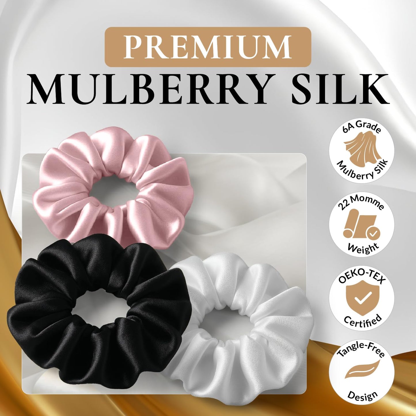 FORBDNSILK 100% Pure 22 Momme Mulberry Silk Scrunchies (Set of 3) | Highest grade (6A) Luxury Hair Ties| (Black,White,Pink) | (Black, Standard)