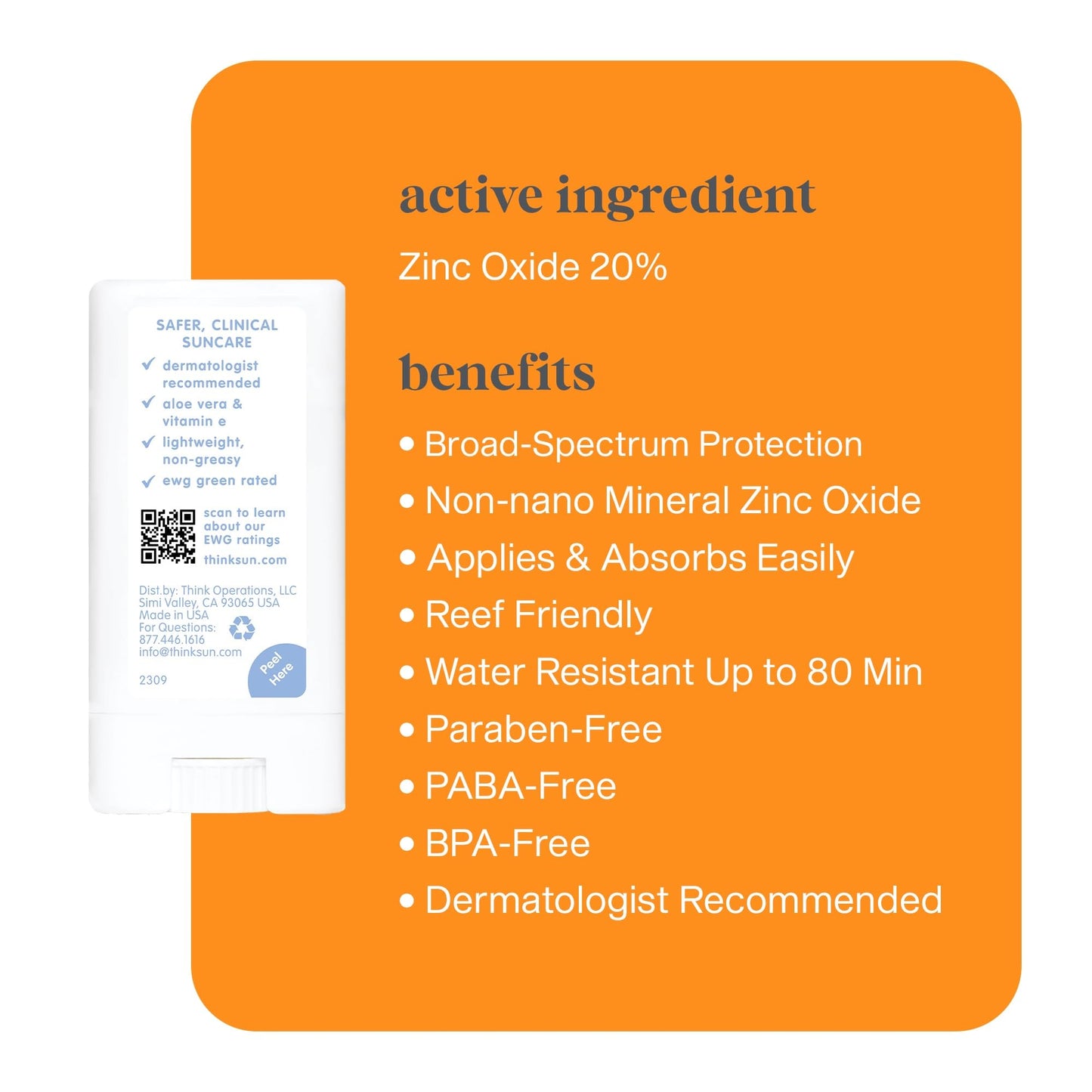 Thinksport SPF 30 Sport Sunscreen Stick with Zinc Oxide, 0.64 oz – Safe, Natural, Water Resistant Sunscreen Stick – Mineral UVA/UVB Sun Protection – Reef Safe Sunscreen