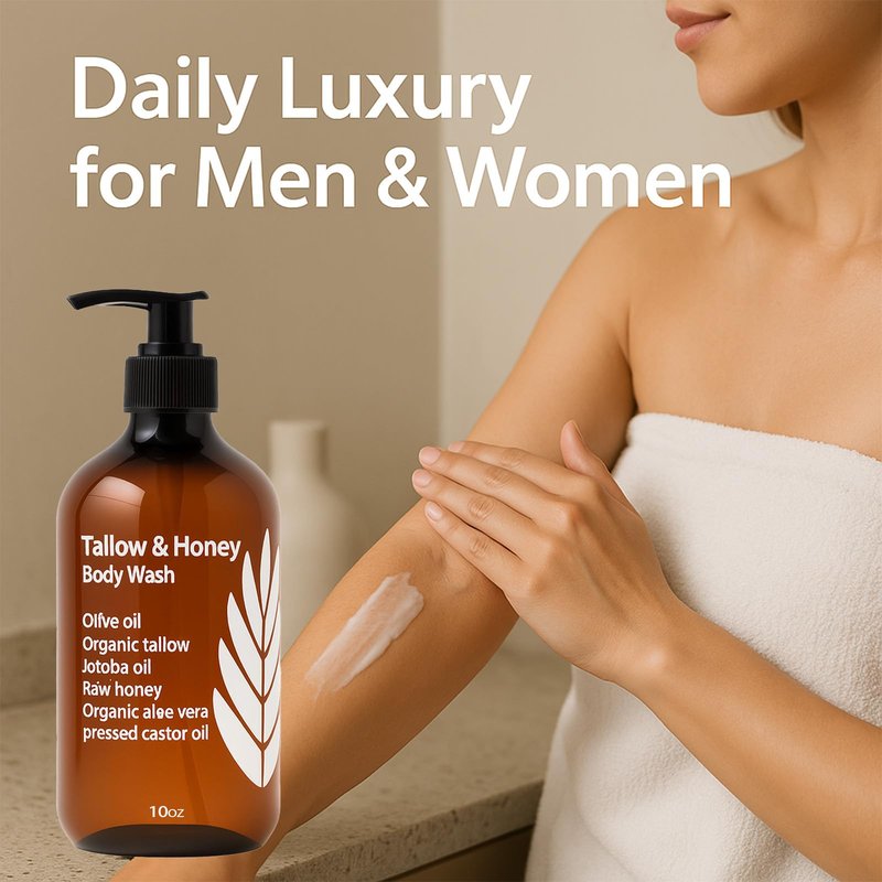 MZXDXZE Tallow and Honey Body Wash, Tallow Infused Body Wash, with Organic Honey, with Tallow Vitamin E & Aloe, Grass-Fed Tallow - Soothes Dry, for Men & Women - 10 Oz (1)