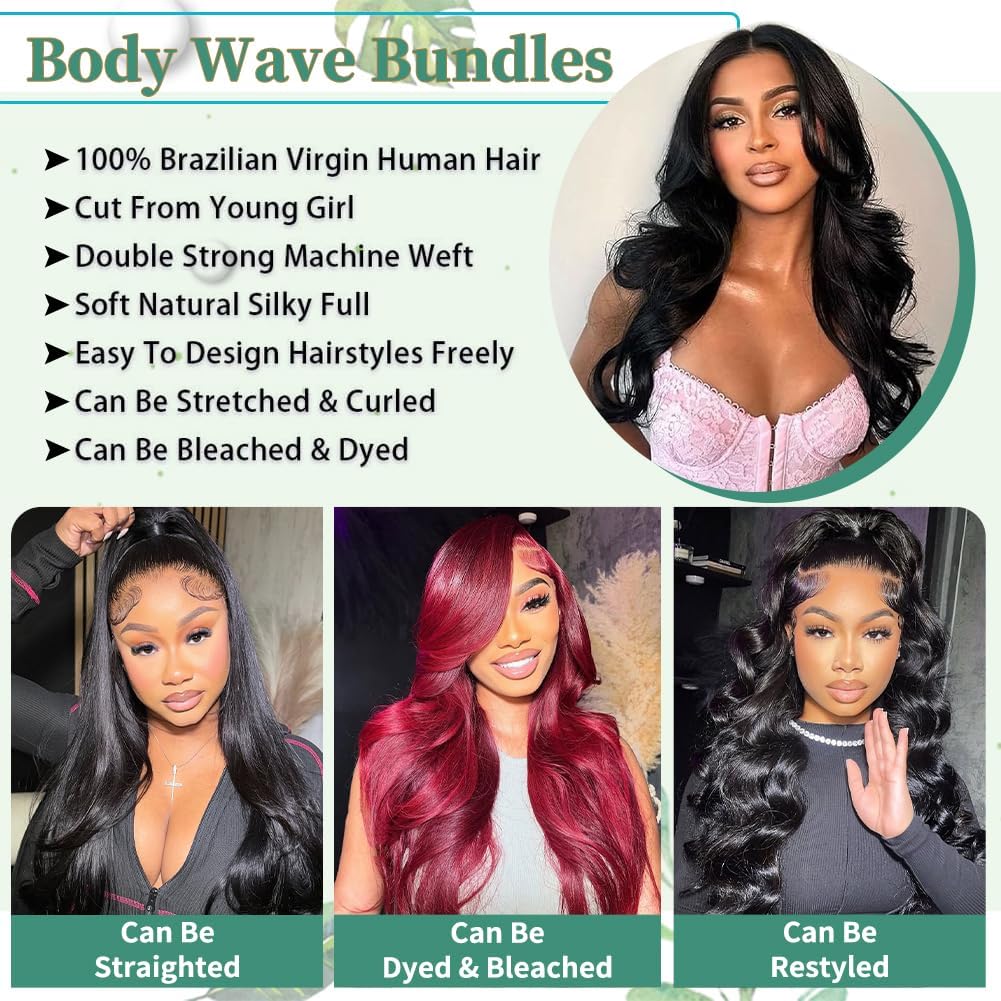 Body Wave Bundles Human Hair 24 Inch 14A Human Hair Bundles Real 100% Raw Unprocessed Brazilian Virgin Sew in Quick Weave Natural Black Deals Thick Hair Extensions