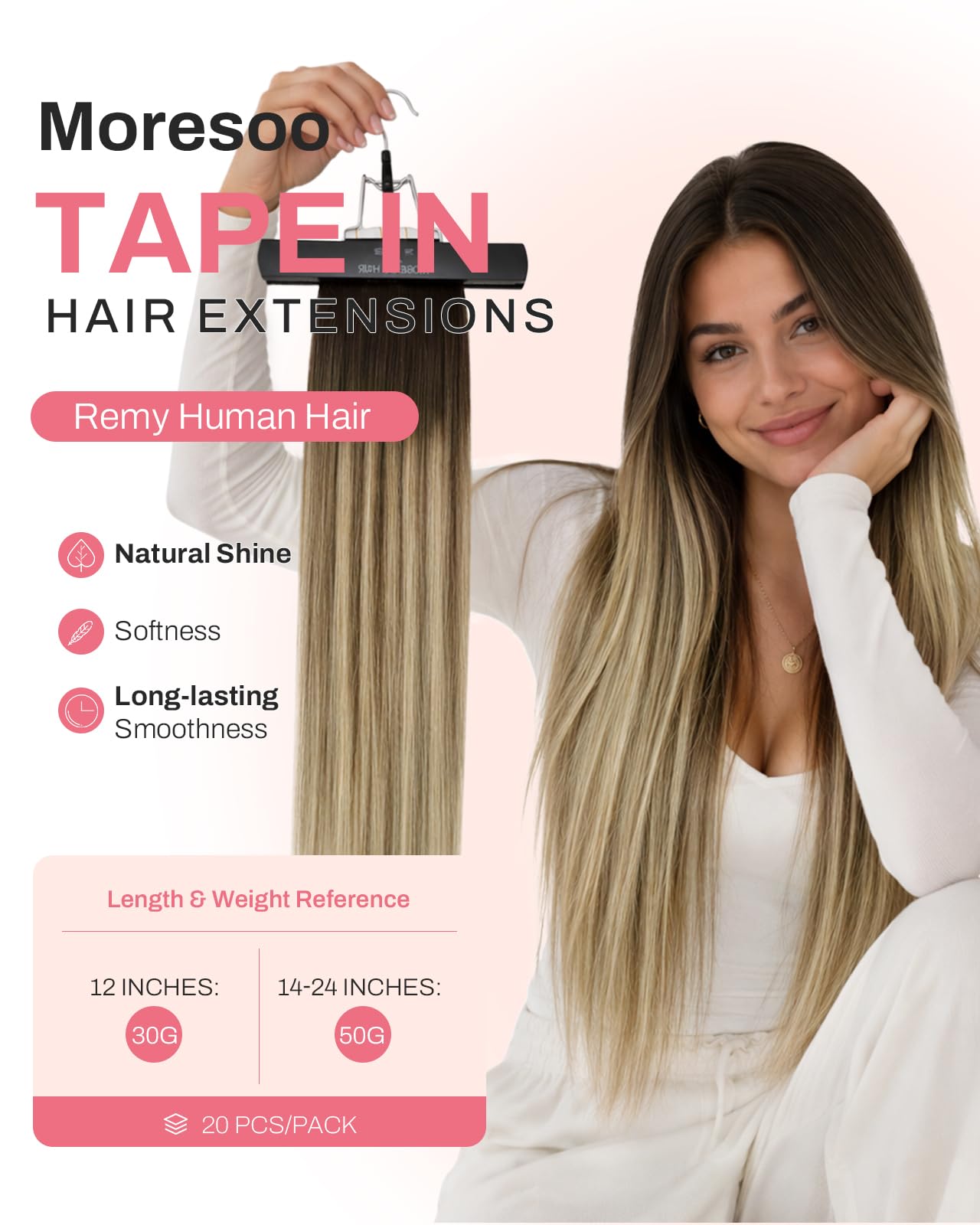 Moresoo Tape in Hair Extensions Ombre Human Hair Tape in Extensions Balayage Dark Brown to Medium Brown Mix with Blonde Human Hair Extensions Glue in Real Hair 18 Inch #4/6/613 20pcs 50g