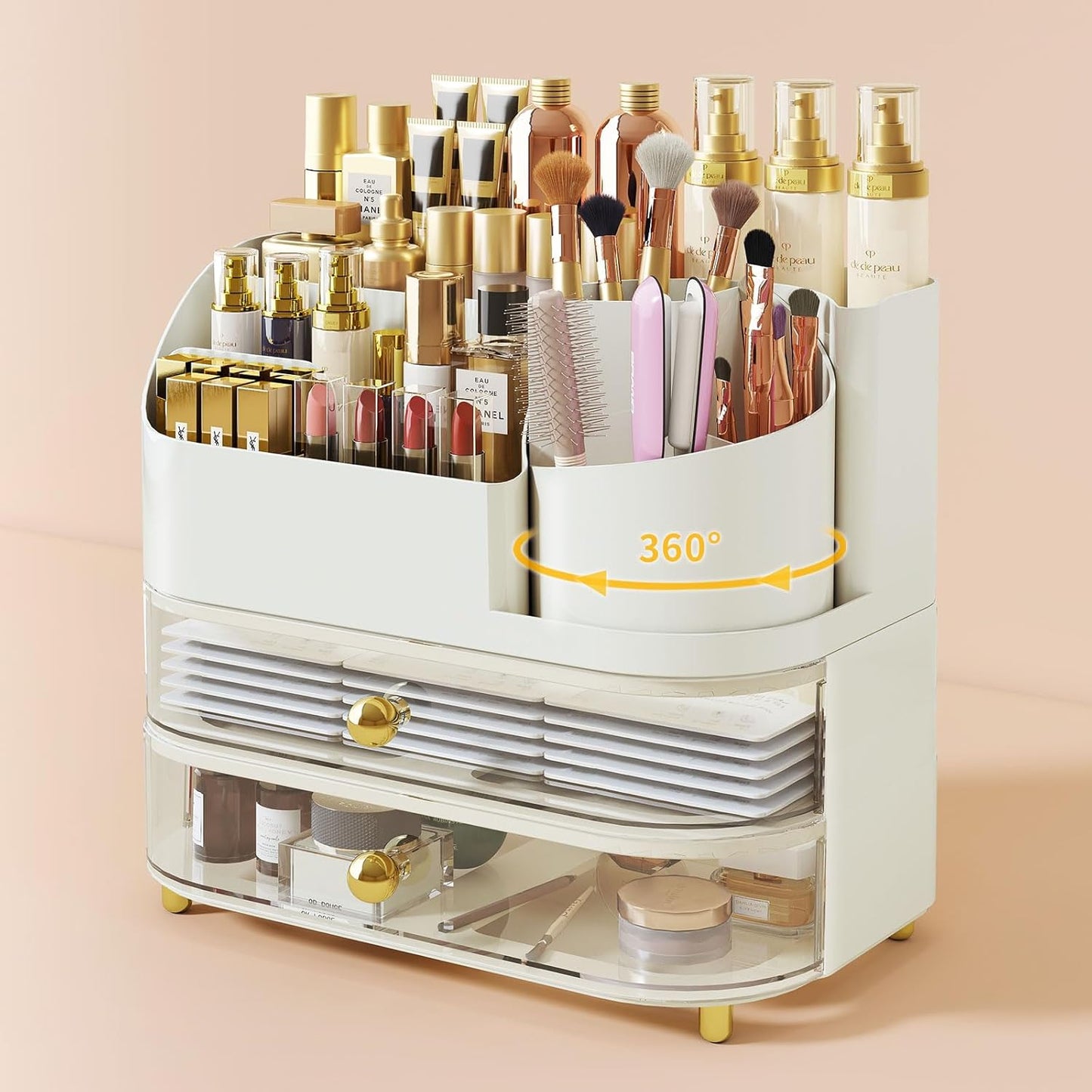 Makeup Organizer for Vanity - Large Rotating Cosmetic Organizer with Drawers | White Countertop Storage for Skincare, Perfume, Lipsticks, Nail Polish