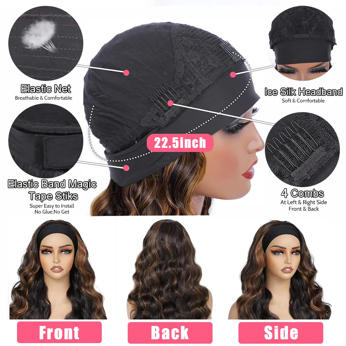 Hertune Highlight Ombre Headband Wig Human Hair 4/27 Highlight Body Wave Wigs Human Hair for Black Women Wear and Go Glueless None Lace Front Wigs Brazilian Virgin Headband Wig Human Hair 12 Inch