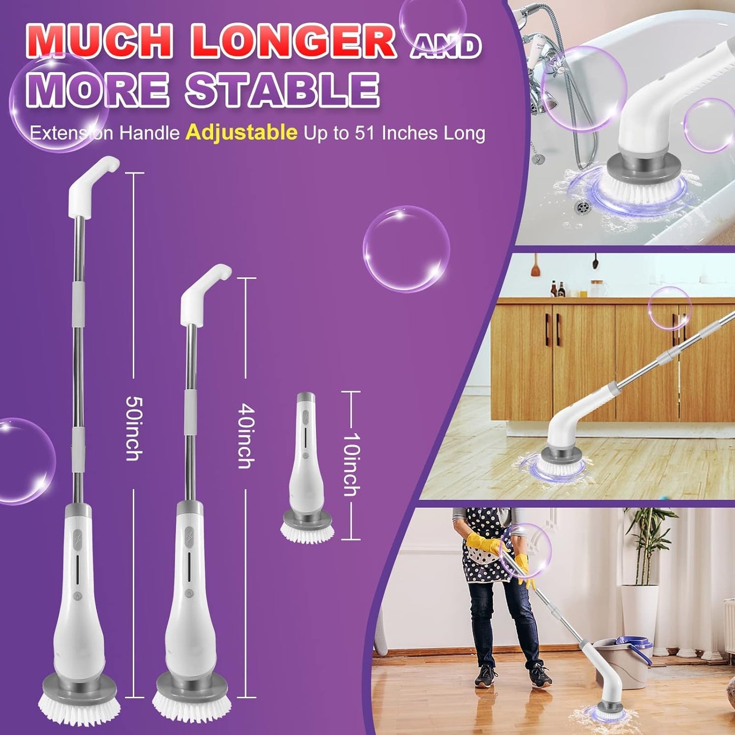 Electric Spin Scrubber, 1.5H Shower Scrubber with 7 Replaceable Brush Heads & Adjustable Extension Arm, Cordless Household Cleaning Brush for Bathroom Tub Tile Floor
