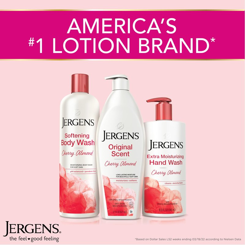 Jergens Original Scent Dry Skin Body Lotion, Hand and Body Moisturizer, Cherry Almond Essence, Dermatologist Tested, 32 Oz (Pack of 2)