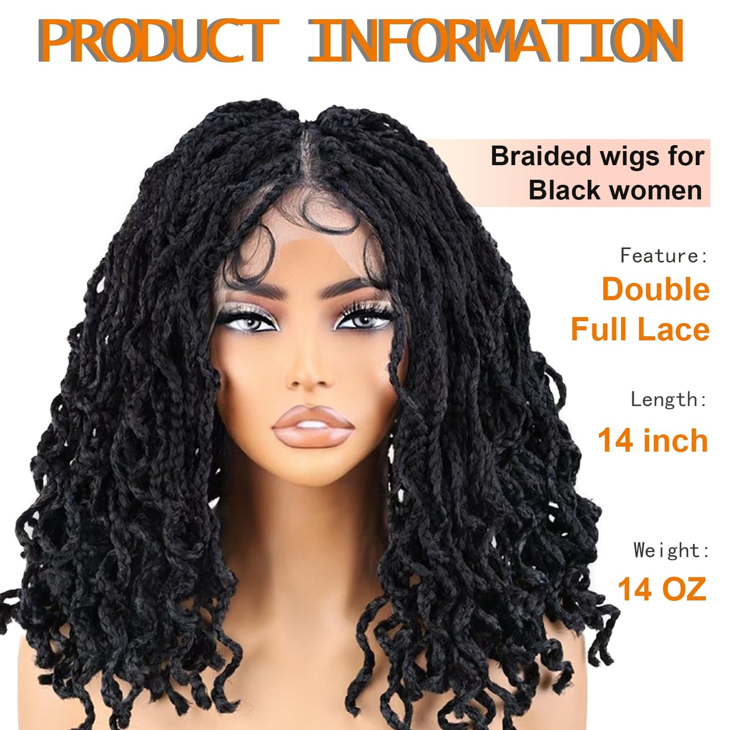 YOKABOOM Black Full Lace Box Braid Wig with Babyhair Natural Hairline 14 Inch Natural Wavy Box Braid Style Lace Braided Wig with Square Design for Black Women 1B