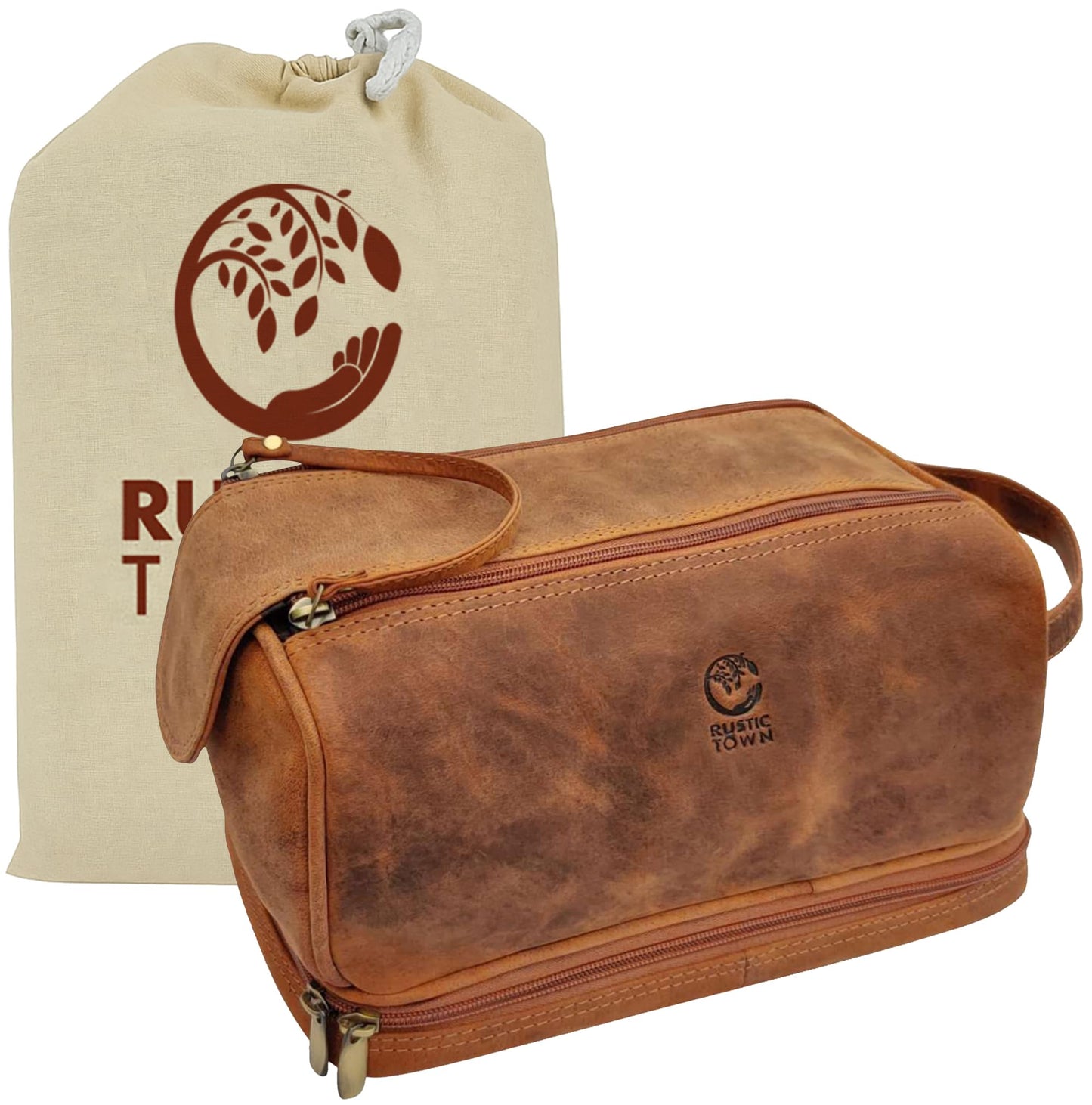 RUSTIC TOWN Leather Toiletry Bag for Men - Travel Shaving Ditty Kit - Bathroom Shower Toiletries Organizer - Cosmetic Makeup Bag for Women
