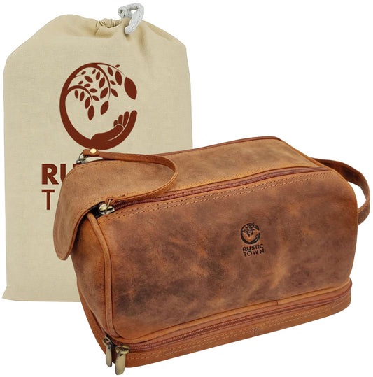 RUSTIC TOWN Leather Toiletry Bag for Men - Travel Shaving Ditty Kit - Bathroom Shower Toiletries Organizer - Cosmetic Makeup Bag for Women