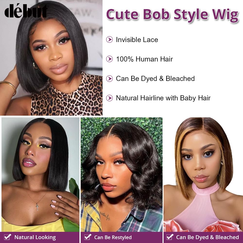 DÉBUT Human Hair Bob Wig 13x4x1 T Part Lace Front Wigs Short Bob 8 Inches Middle Part Wigs Brazilian Virgin Straight Hair Natural Color for Black Women