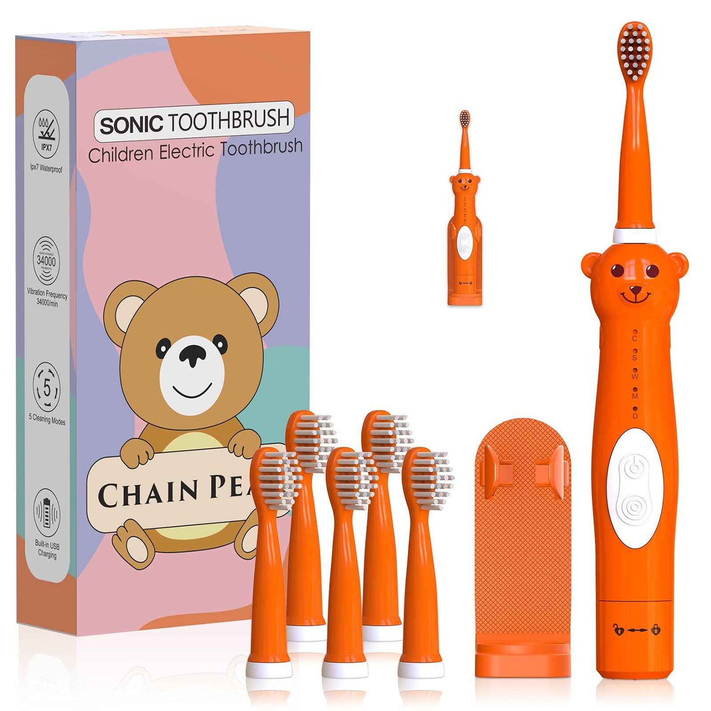 Kids Sonic Electric Toothbrush, Rechargeable Smart Toothbrush for Children Toothbrush for Toddlers Age 3-12 with 30s Reminder, 2 Mins Timer, 6 Modes, 2 Brush Heads (8660 Orange+ 6 Heads+ Holder)