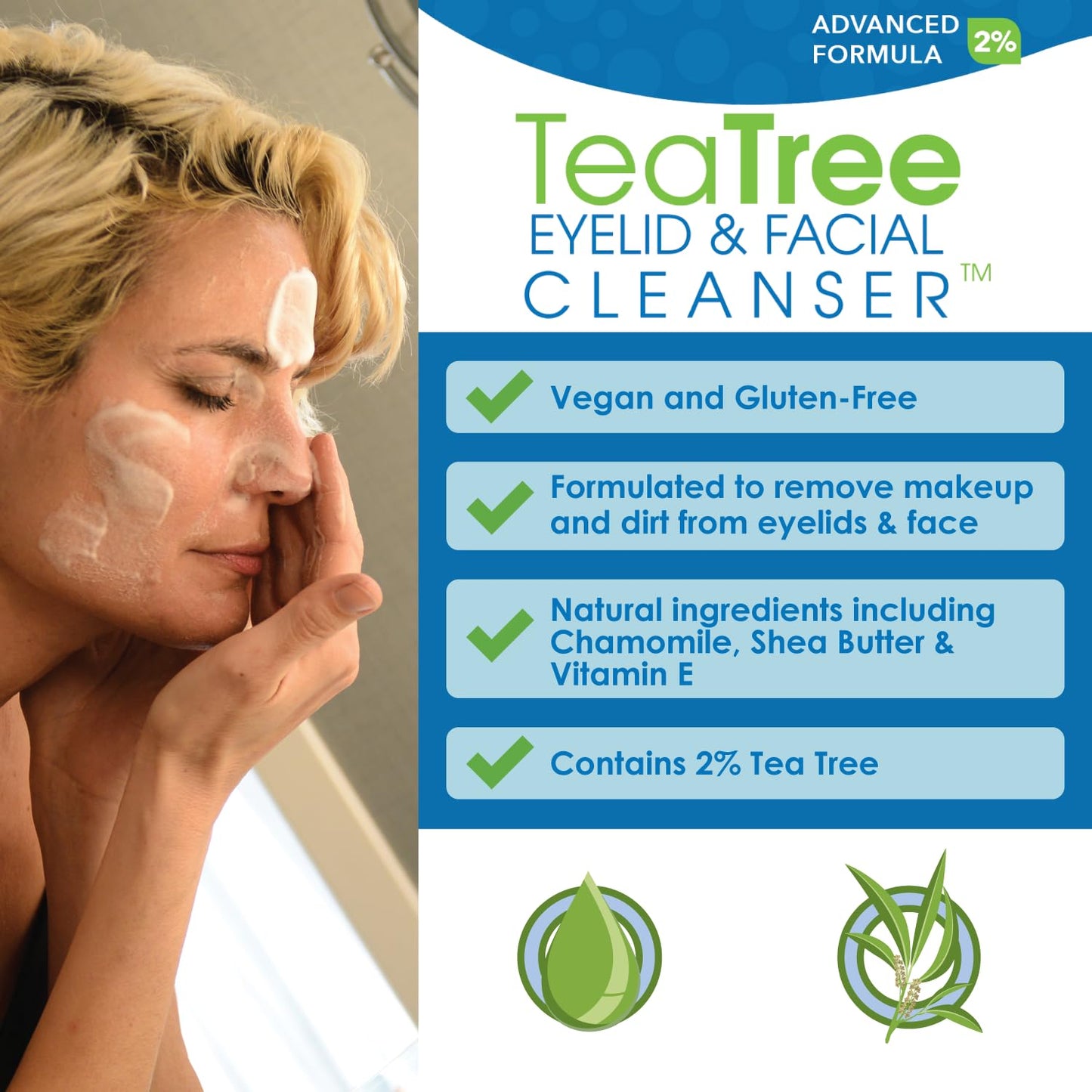 EyeEco Advanced Tea Tree Eyelid and Facial Cleanser - 50mL - Non-Irritating Eyelash & Eyelid Cleanser Soothes Irritation with Tea Tree, Vitamin E and Shea Butter