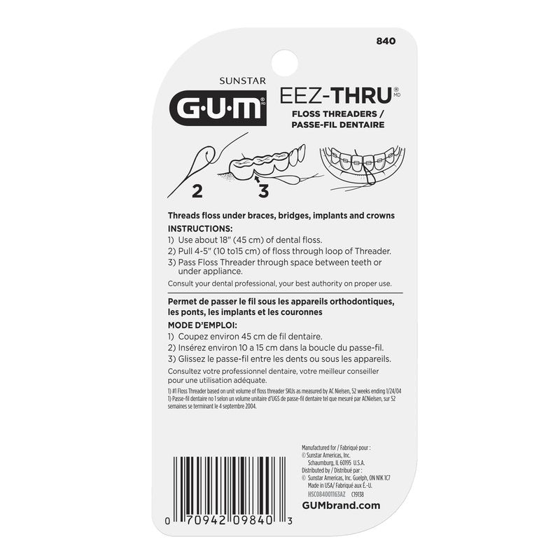GUM EEZ-Thru Floss Threaders for Braces, Bridges & Implants, Easy Dental Floss Threading, 25 Count (Pack of 6)