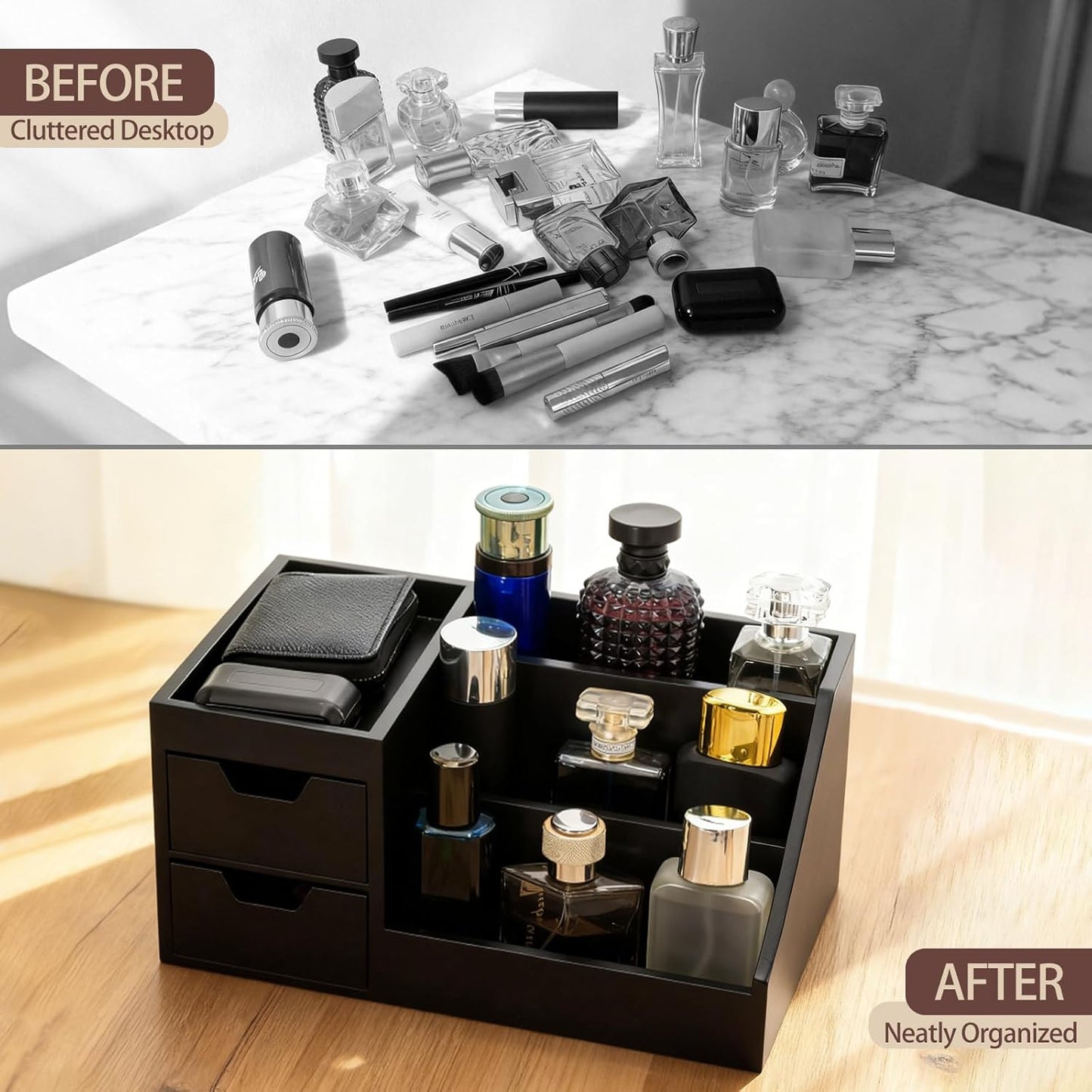 Perfume & Makeup Organizer - Wooden Countertop Rack for Cologne, Skincare & Dresser | Black, Medium Size