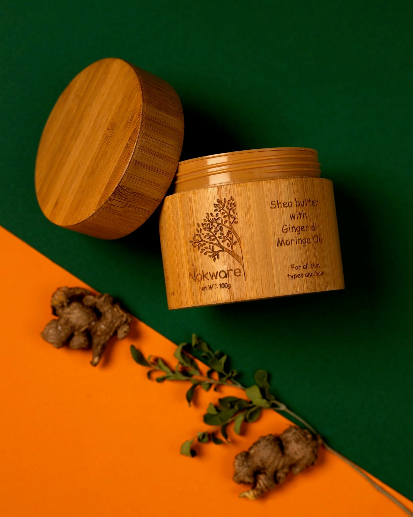 Nokware African Shea Butter with Moringa Oil & Ginger, Fresh Citrus Wood Scent, Handmade in Ghana, Whipped Shea Butter for Dry Skin & Hair, Vegan, Refillable, 100ml