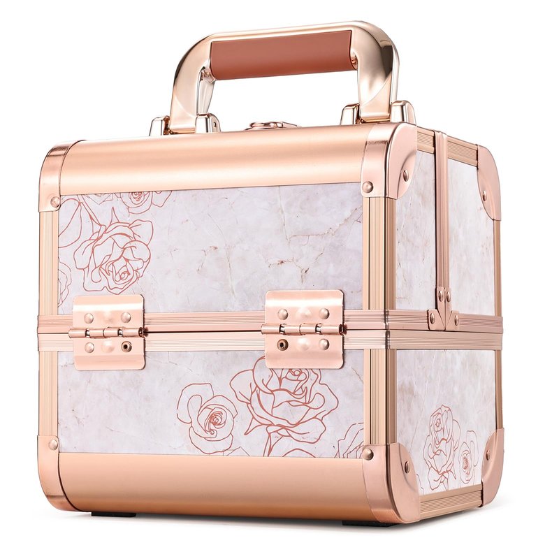Costravio Makeup Case Train Case Portable Makeup Box with Mirror Lock Box Travel Cosmetic Train Cases Hard Make Up Organizer for Girls Nail Craft Storage Vanity Rose Gold Flower