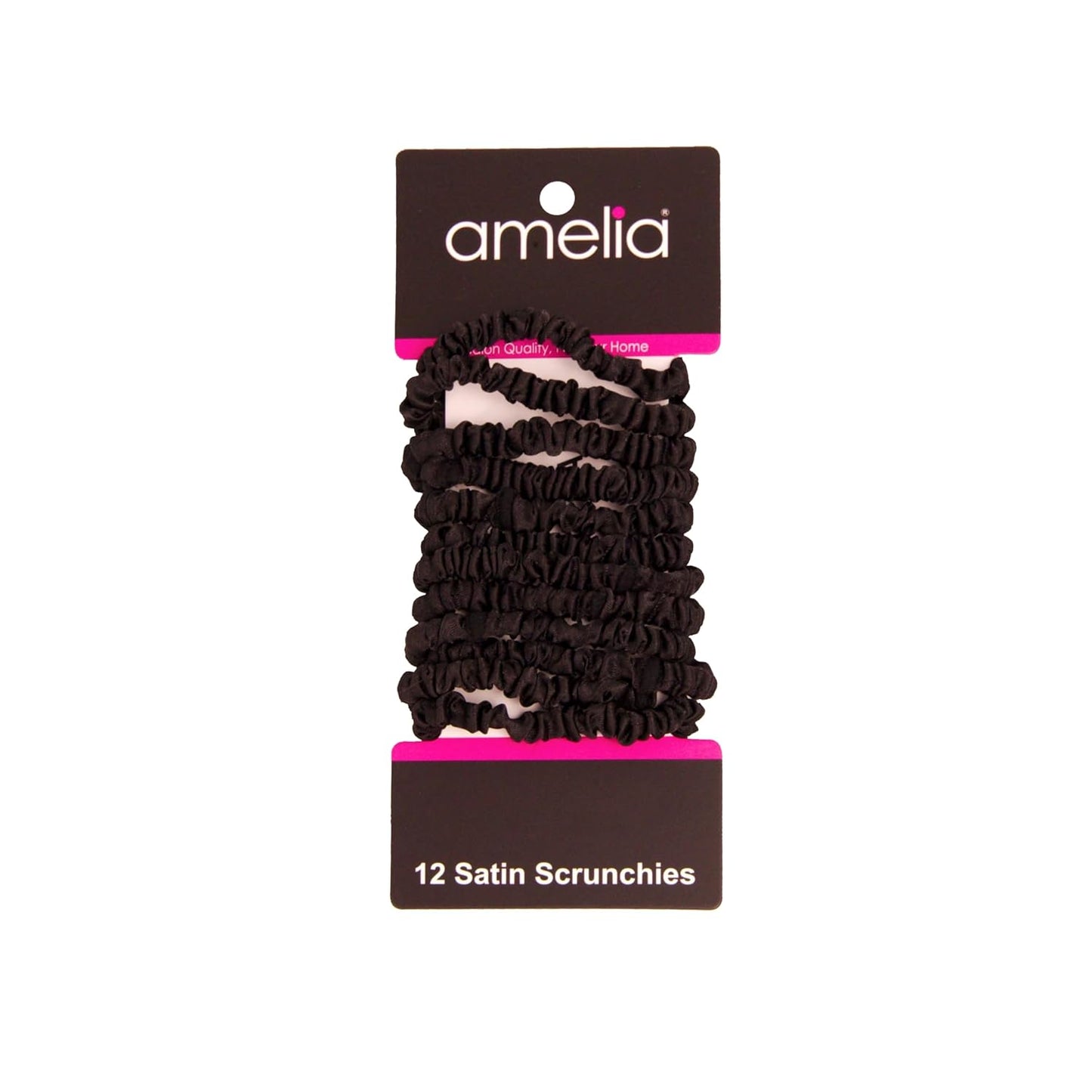 Amelia Beauty, Black, Skinny Satin Scrunchies, 12 Pack – 2in Diameter, Gentle & Strong Hold, No-Snag, No-Dent, Crease-Free Hair Ties