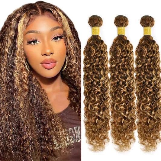 Ombre Curly Human Hair Bundles P4/27 Highlight Bundles Human Hair 12 14 16 Inch Honey Brown Bundle Double Weft Unprocessed Brazilian Virgin Remy Hair Extensions 3Pcs/Set