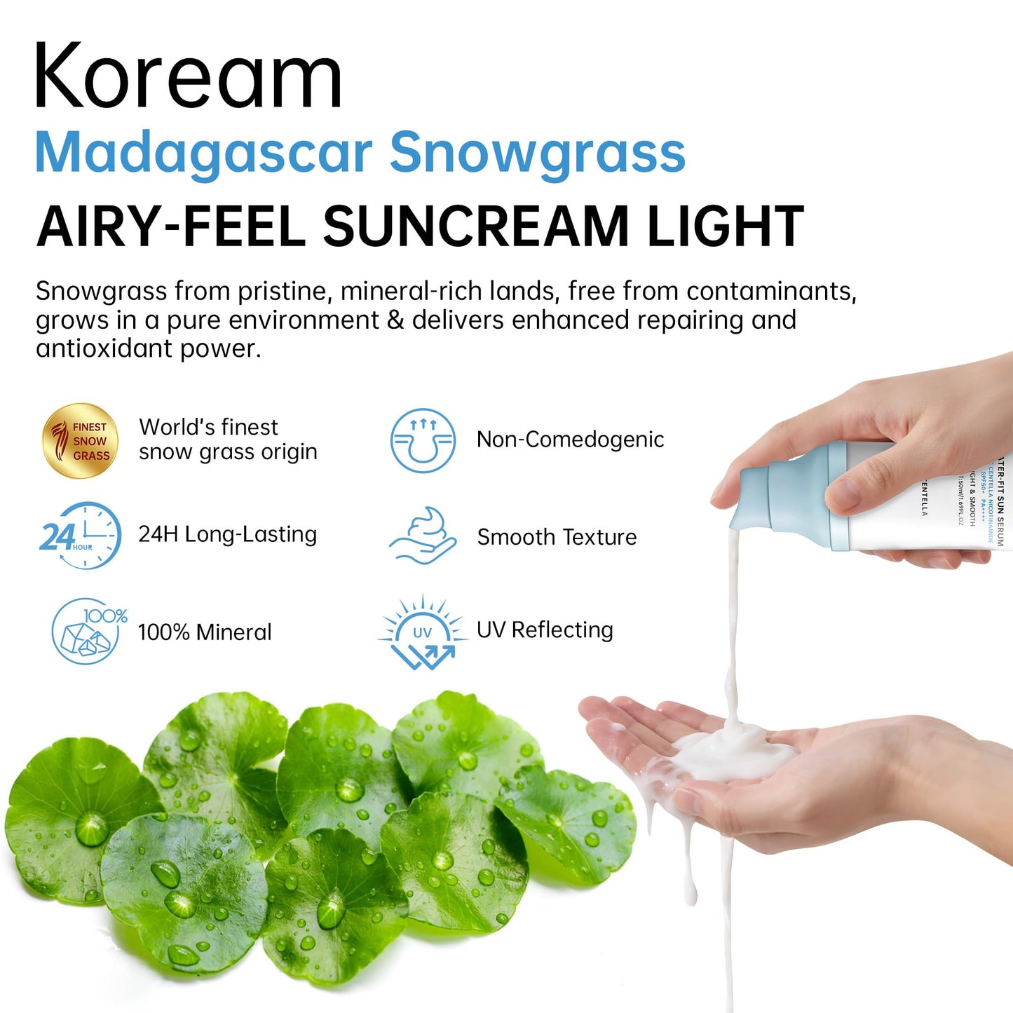 Korean Sunscreen for Face & Body – SPF 50+ Madagascar Centella Mineral Sunblock with Tinted Moisturizer, Hyaluronic Acid & Niacinamide, Lightweight & Hydrating Korean Skin Care, 50ml