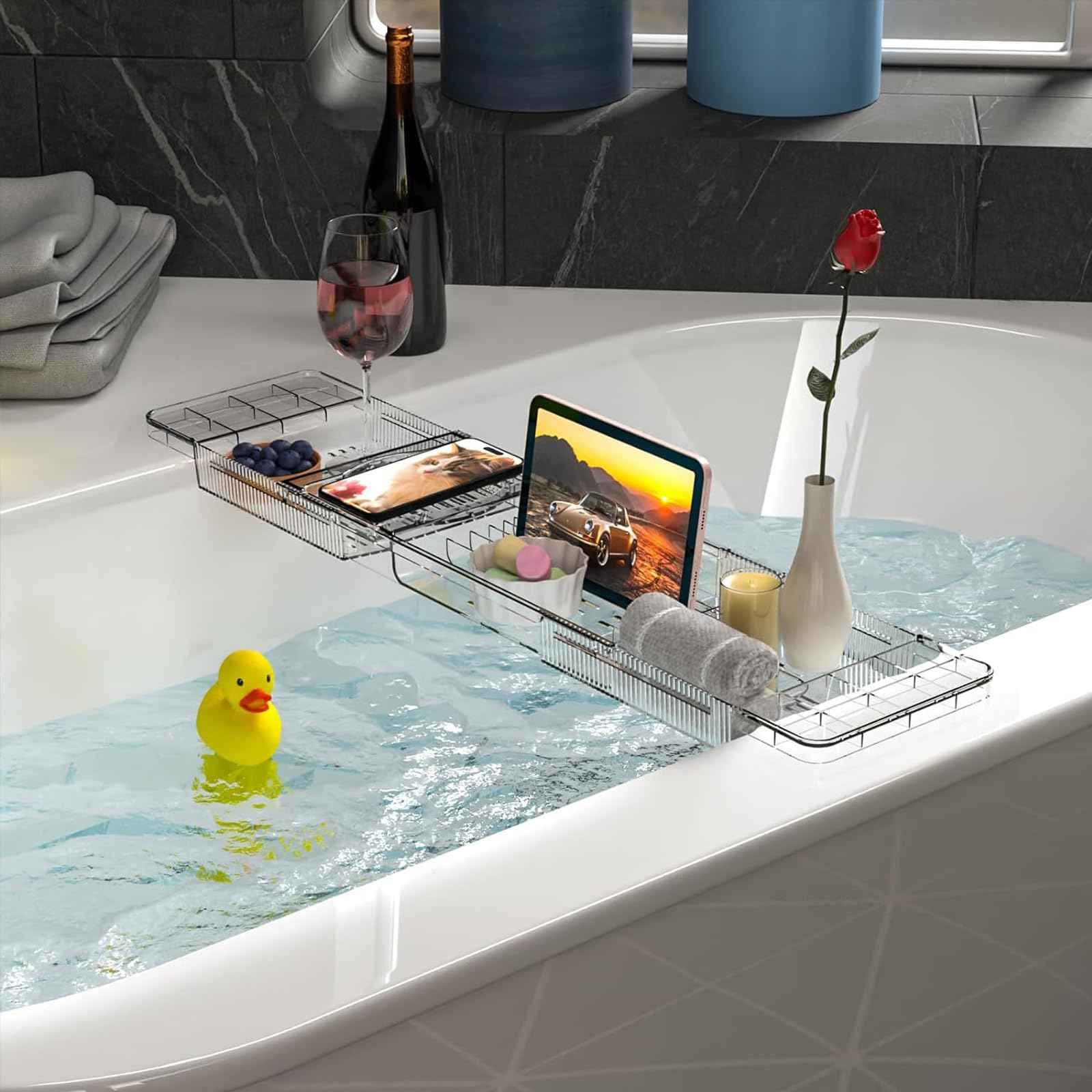 Luxury Expandable Bathtub Tray for Tub, Clear Acrylic Bath Tub Tray with Adjustable Length Up to 31.8", Bathtub Accessories for Relaxing, Bath Accessories for Women