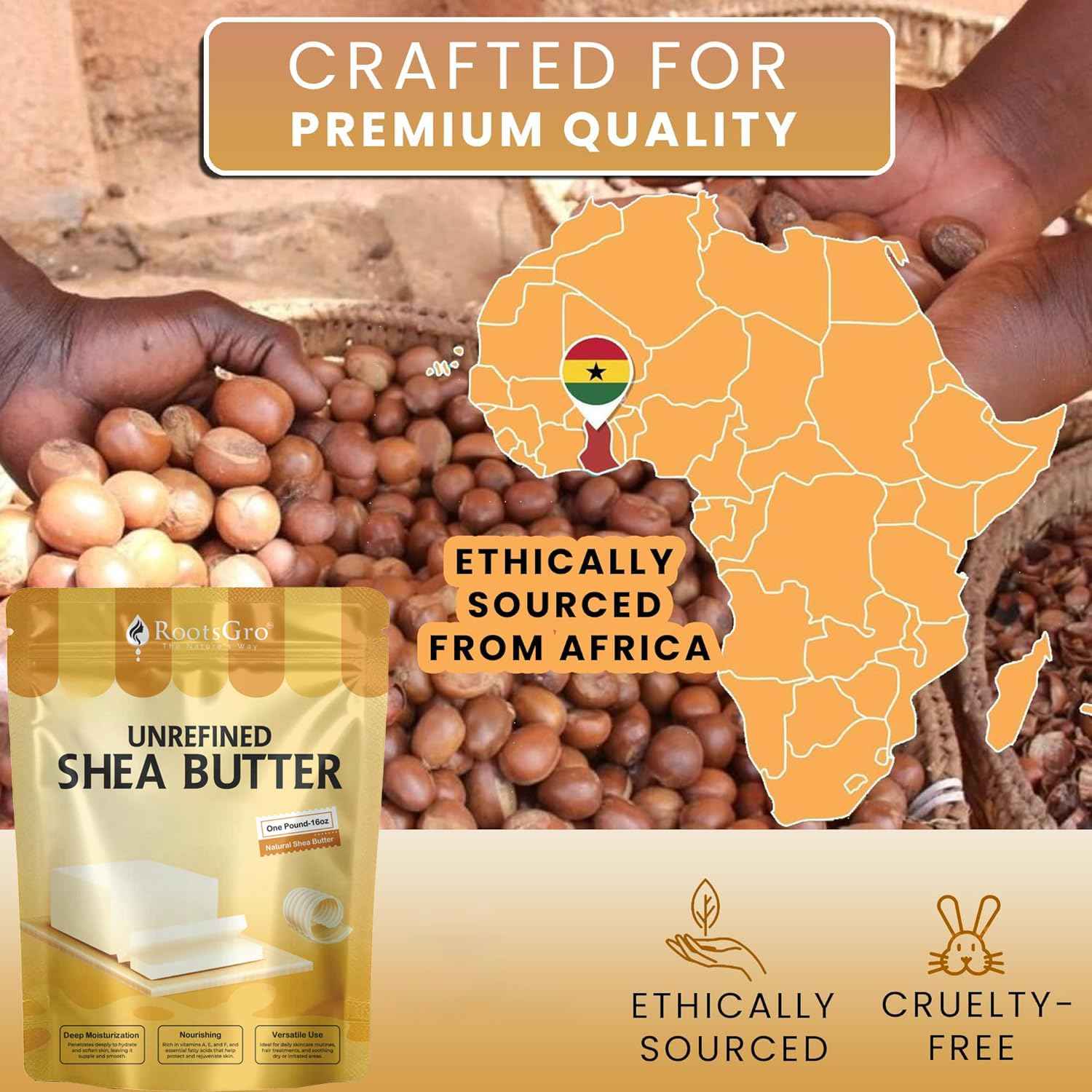 RootsGro Unrefined Raw Shea Butter 16 Oz, Unprocessed Shea Butter, Moisturizer for Skin & Hair, Maximum Potency with Essential Nutrients, Nourishing, Vitamin-Rich, Non-Greasy - Suitable for All