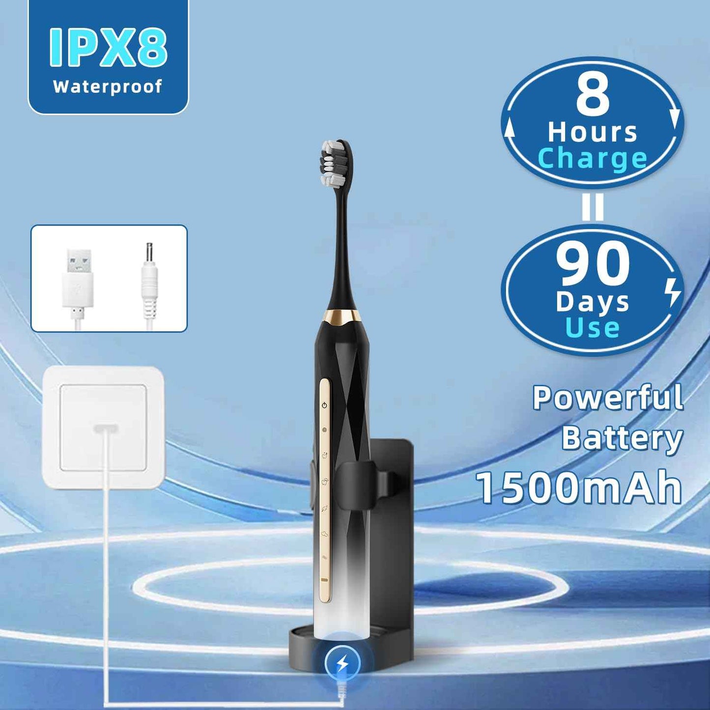 Adult Sonic Electric Toothbrush, USB Rechargeable Sonic Toothbrush, with 12 Brush Heads, 5 Modes, Equipped with Cleaning Brush, Brushing and Washing Two in one