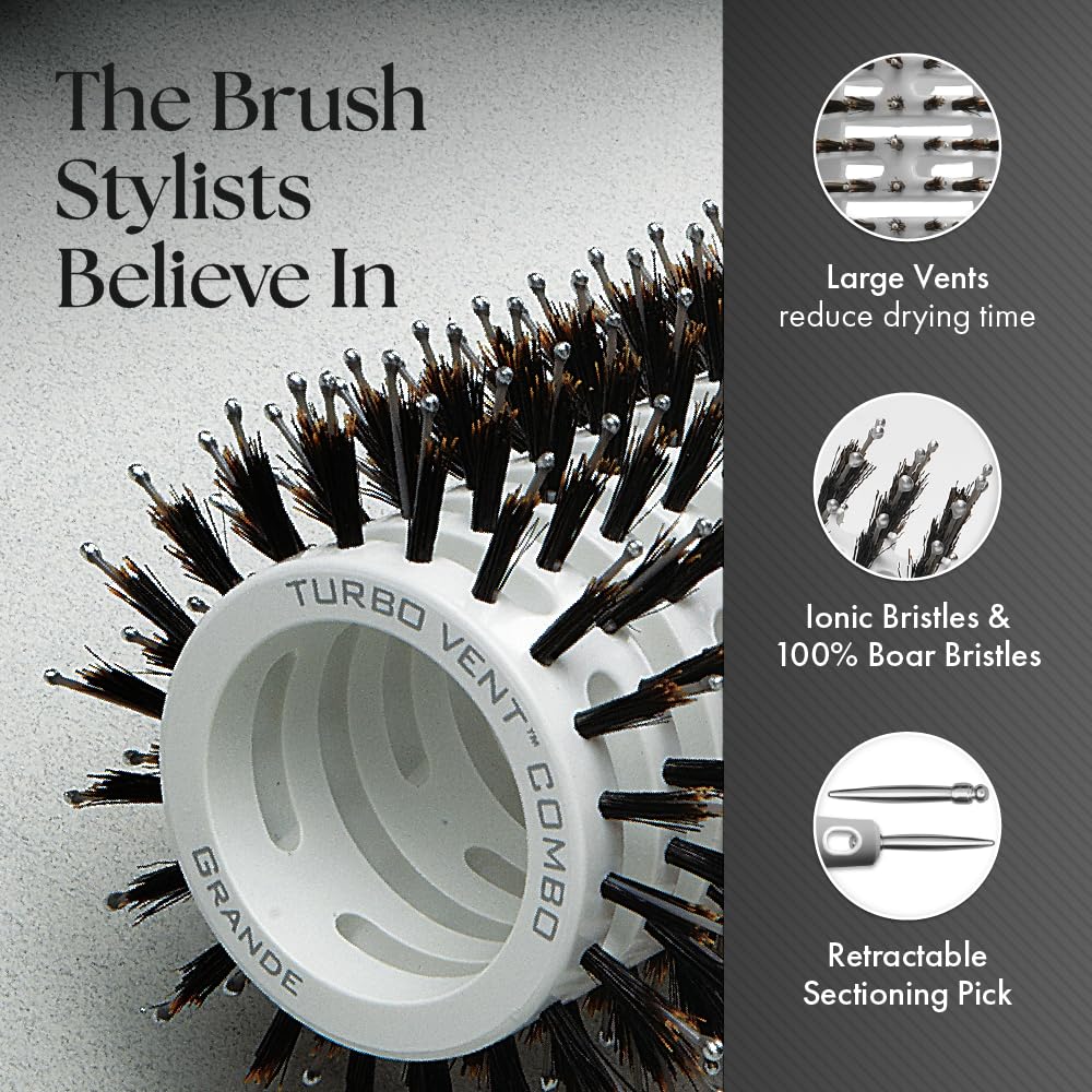 Olivia Garden Ceramic + Ion Turbo Vent Combo Hair Brush - Not Electrical - Ionic and 100% Boar Bristles - Professional Round Blowout Brush for Normal to Thick Hair
