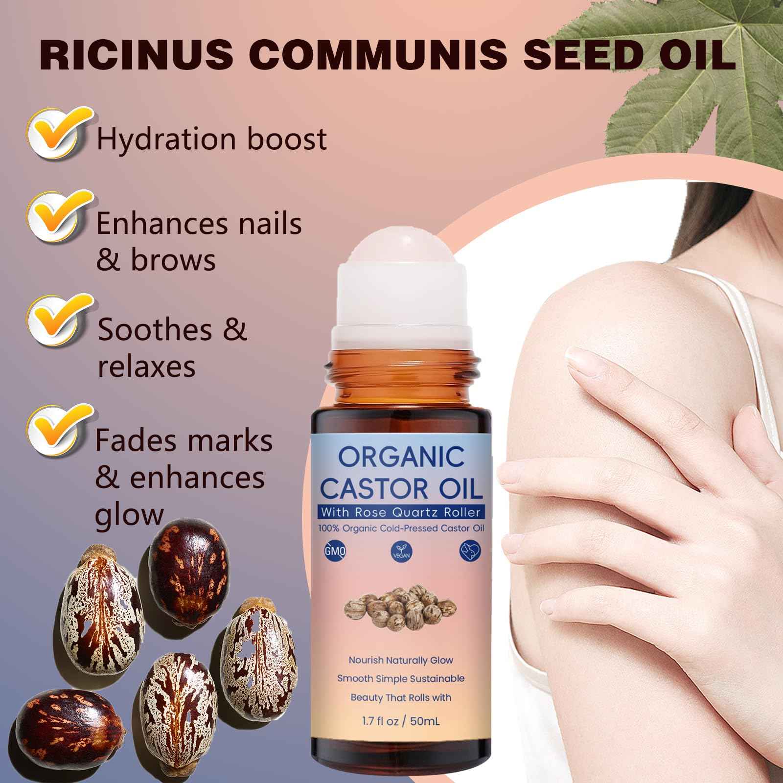 LkknQget Organic Castor Oil with Rose Quartz Roller,100% Pure Cold-Pressed Organic Castor Oil Roller Ball,Face & Skin Moisturizing, Reducing Dark Circles,Nail and Cuticle (1PCS, 1)