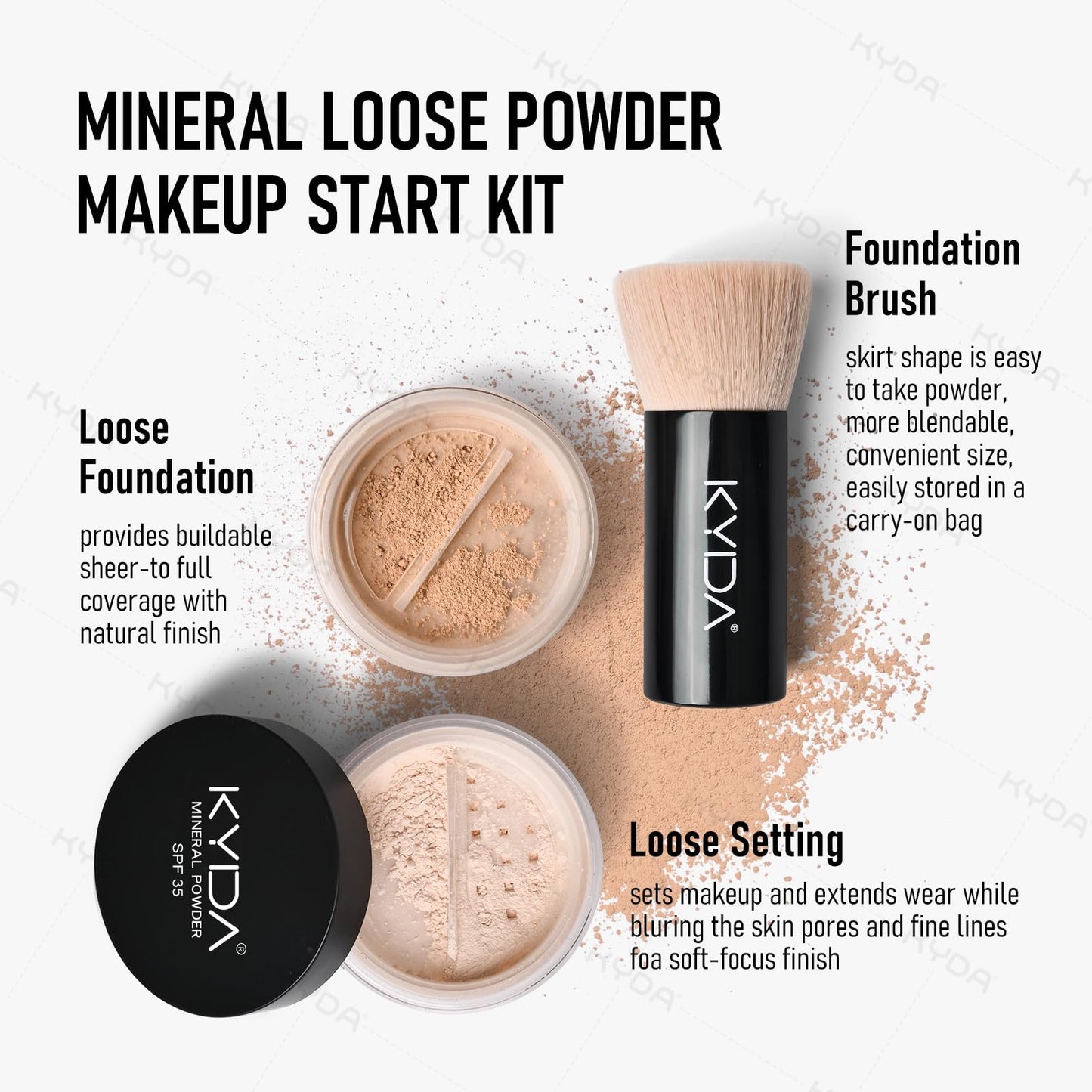 KYDA Mineral Powder Foundation, SPF 35, Lightweight Loose Powder, Skin-Improving, Buildable Coverage, Natural Glow Base Makeup, 0.28 oz, Medium Beige