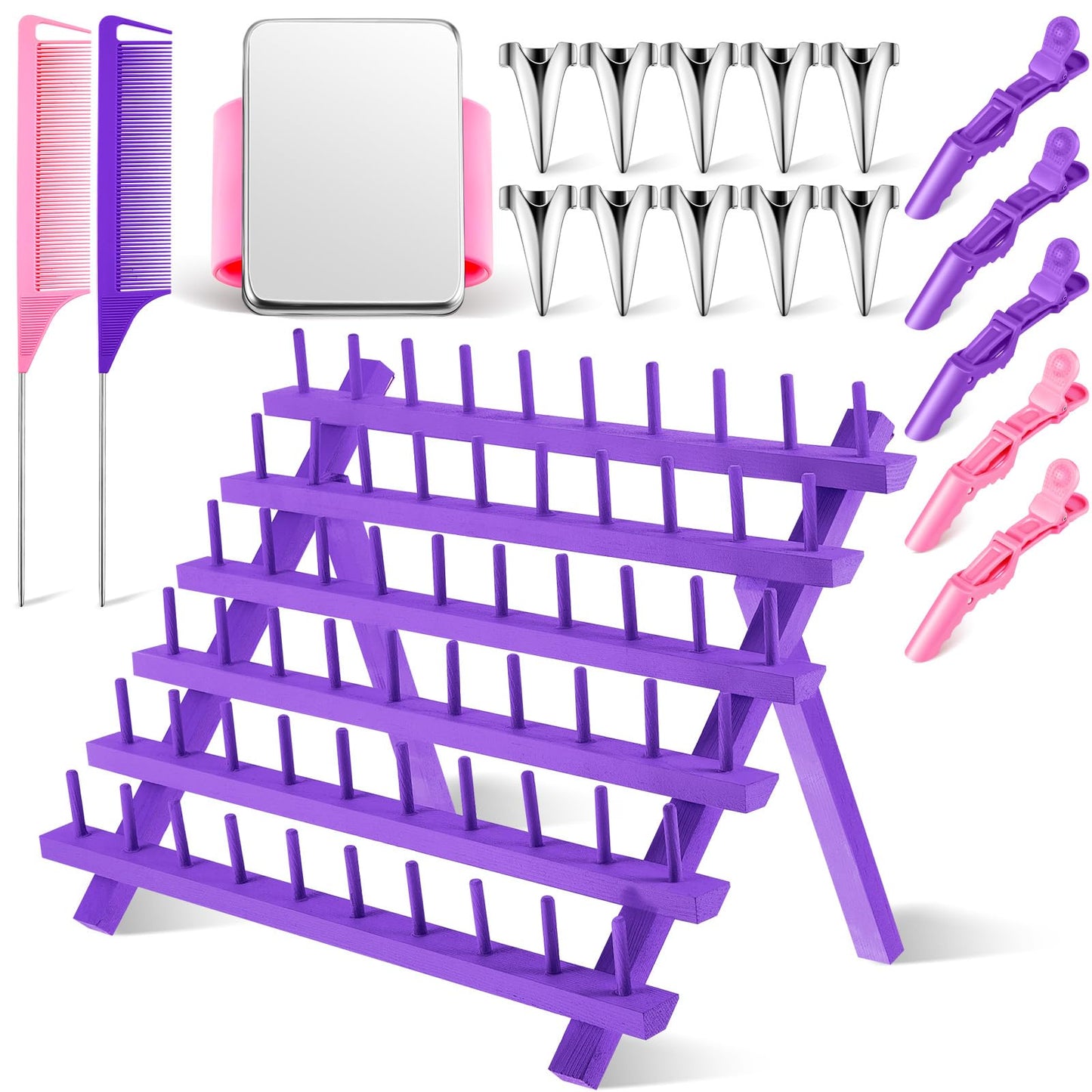 Juexica 19 Pieces Braiding Hair Rack Braid Hair Extension Tools Utensils Include Braiding Stand, 10 Parting Comb Ring, 5 Sectioning Clips, 2 Rat Tail Comb and Magnetic Pin Wristband(Purple)