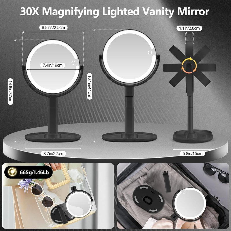 Makeup Mirror with Lights - 30X Magnifying Vanity Mirror | Adjustable Height, 3 Color Modes, 80 LEDs - Black