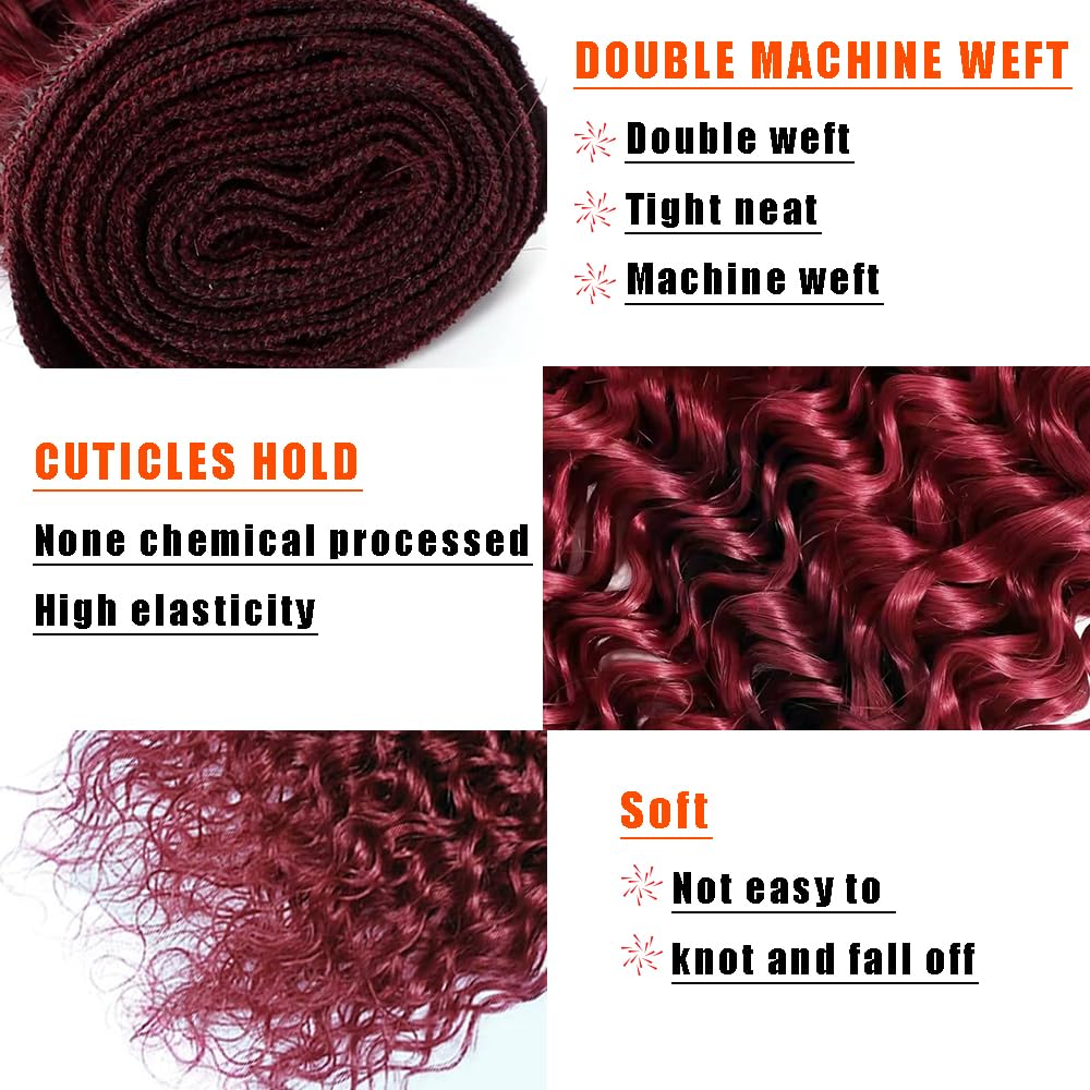 Water Wave Human Hair Bundles 16 18 20 Inch #99J Burgundy Bundles Human Hair Wine Red 12A Unprocessed Native Virgin Hair 50G Per Bundle 3 Extensions Wet and Wavy Weave for Women