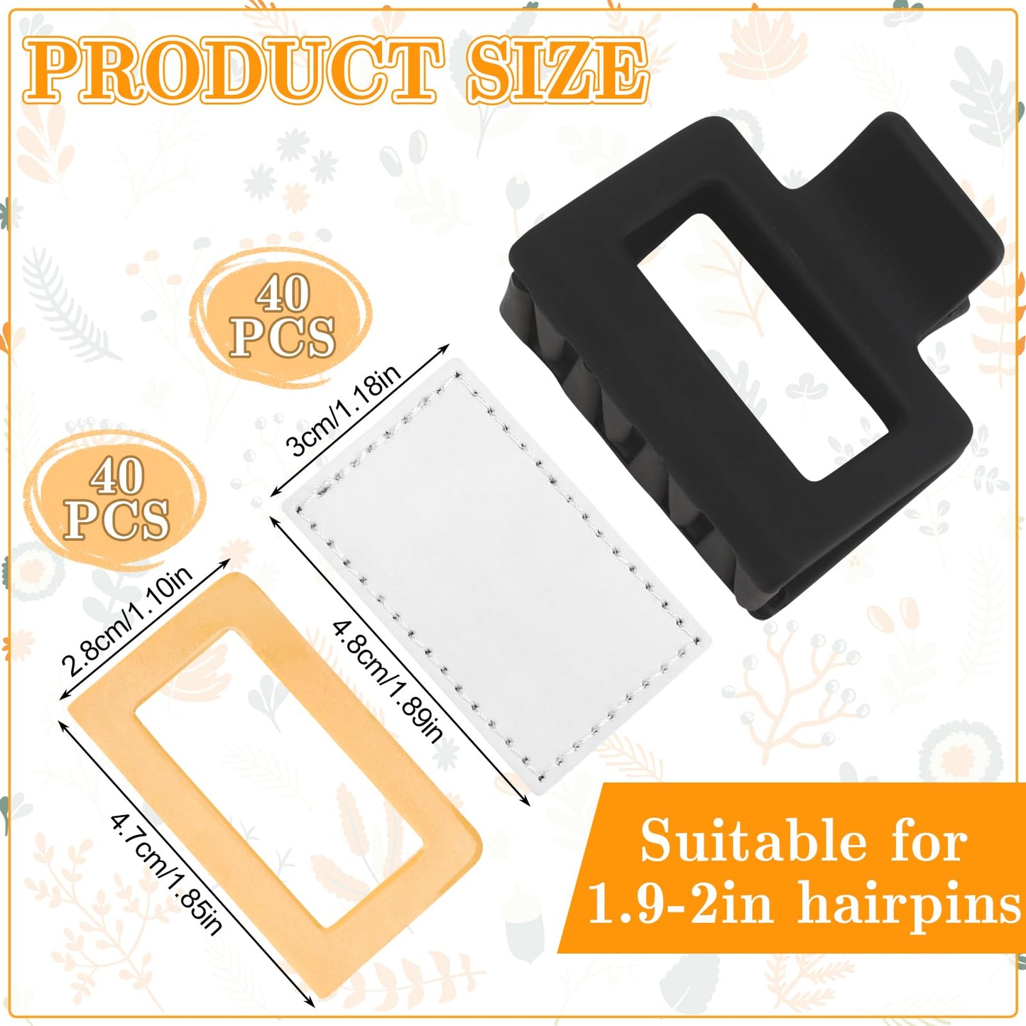 ZhouBoat 40 Pack Thin Hair Claw Clips Cover Sublimation Square Claw Clips Cover Blanks 1.8 inch PU Leather for Thin Hair Including 40 Pcs Strong Double-sided Adhesive, NO Clip Included