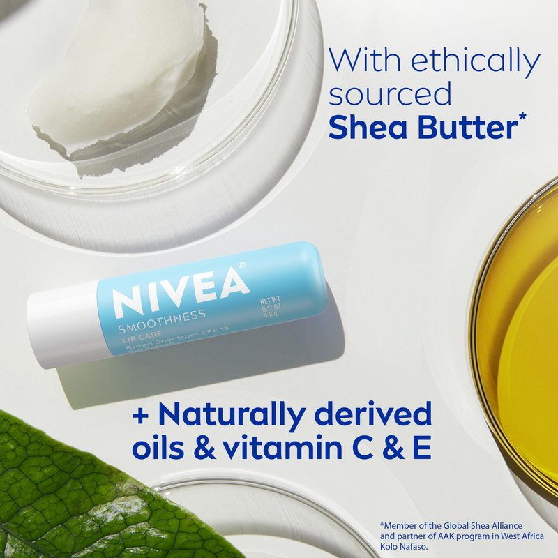 NIVEA Smoothness Lip Care, Sunscreen Lip Balm with SPF 15 Broad Spectrum, Shea Butter, Nourishing Oils and Vitamin C & E, 3-in-1 Moisture, Repair and Sunscreen, 0.17 Oz Stick, Pack of 4