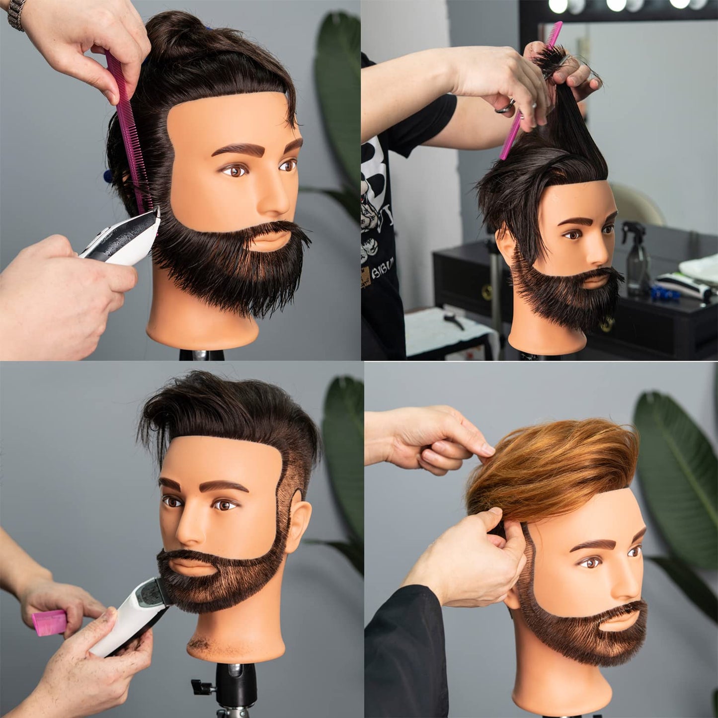 Traininghead Men Mannequin Head with Human Hair Manikin Training Practice Head Cosmetology Doll Heads for Hairdresses with Clamp Stand