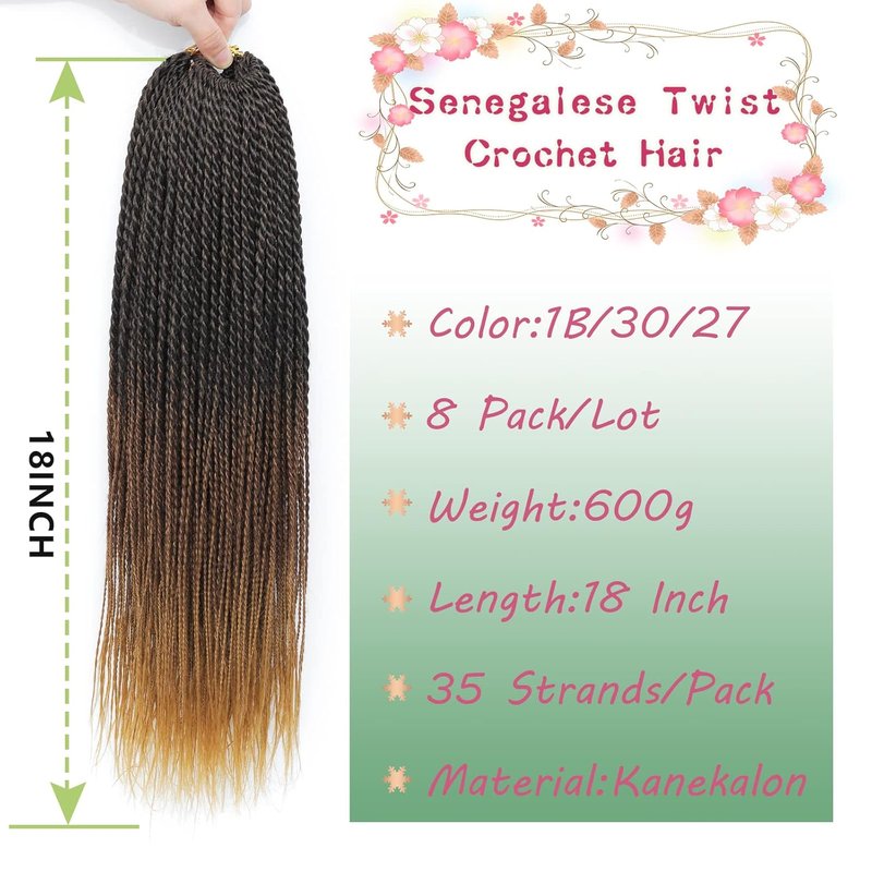 Senegalese Twist Crochet Hair - 8 Packs Ombre Pre-Looped Braids for Black Women | 18 Inch, 1B/30/27