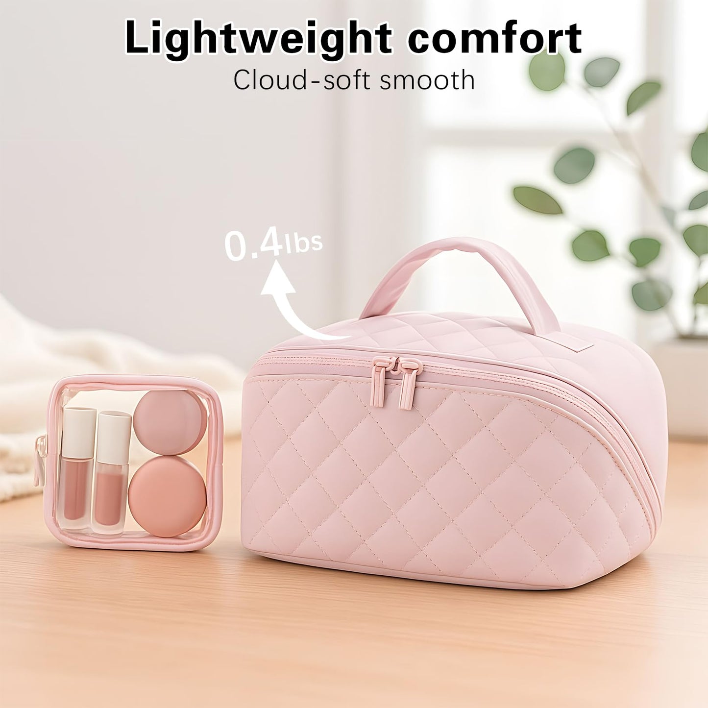 Makeup Bag Travel Toiletry Bag, Puffy Padded Make Up Bags for Women, Waterproof Cosmetic Organizer, Makeup Organizer Wide-open Pouch Purse, Travel Essentials for Toiletries Accessories Storage (Pink)