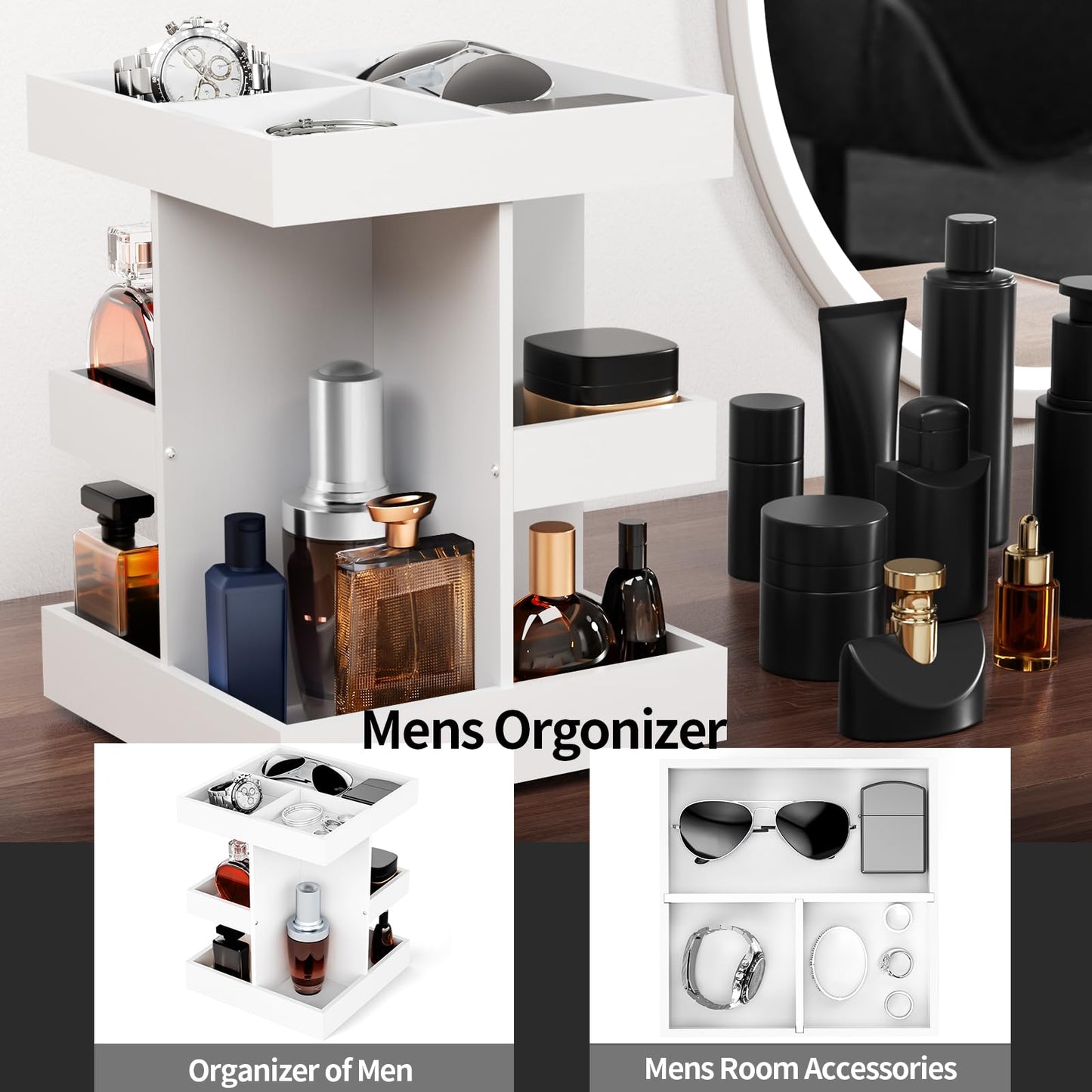 Cologne Organizer for Men - 3-Tier Large Capacity Wood 360° Rotating Cologne Stand,Desk/Nightstand/Bathroom Counter Perfume Storage,Birthday for Men (White)