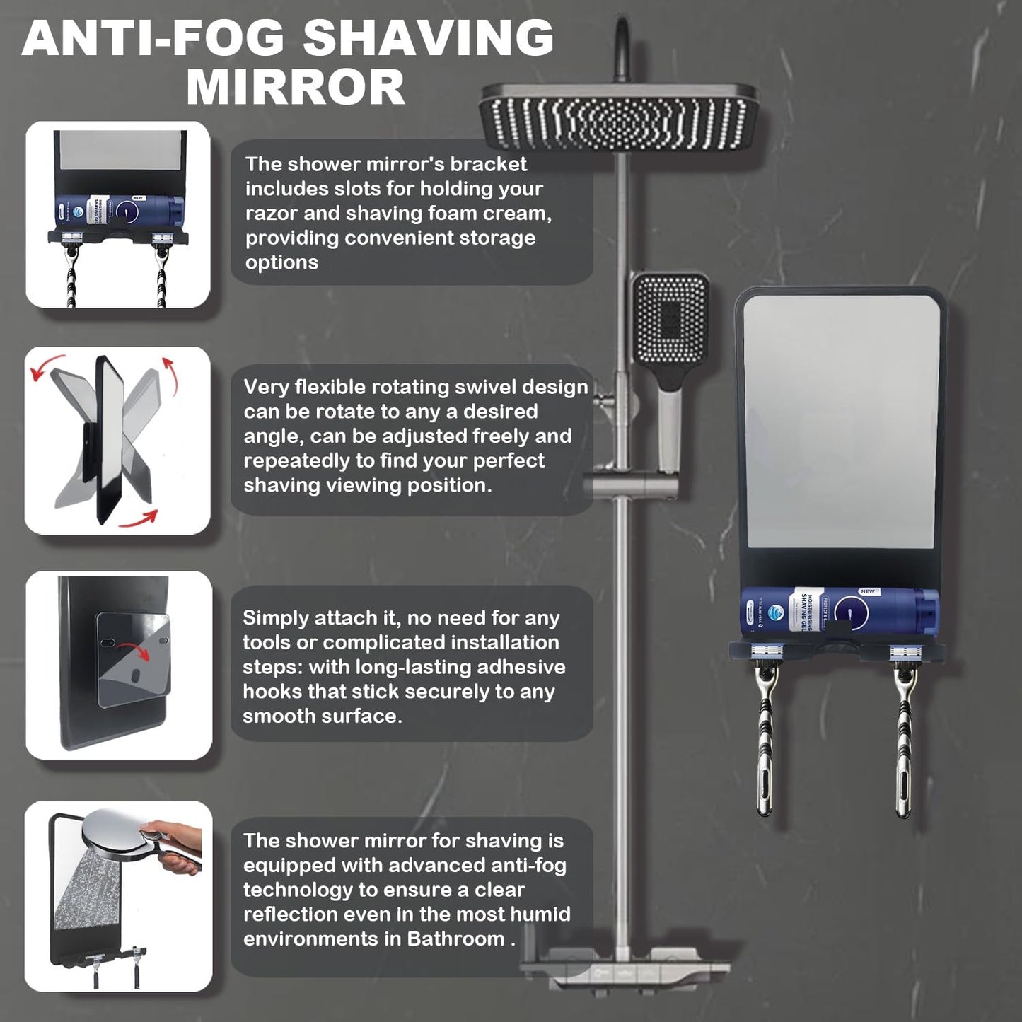 Infitrans Shower Mirror for Shaving Fogless with Multifunctional Storage for Razor and Shaving Foam Canister, Adhesive or Screw Optional Installation,Adjustable Angle, Black