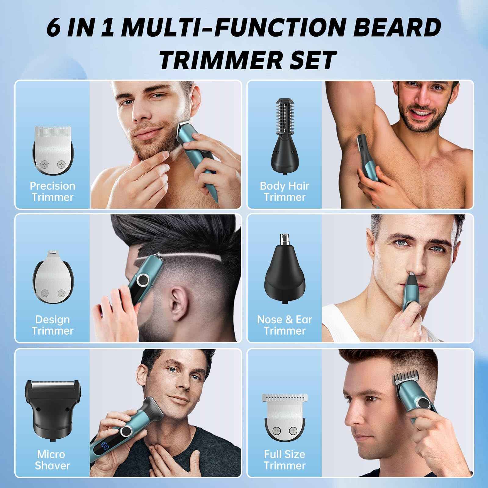 ZUWSUJS Beard Trimmer for Men Professional Grooming Kit,Face Mustache Trimmers for Men,6 in 1 Mens Beard Trimmer,Cordless Electric Nose Body Hair Clippers,Gifts for Mens Husband Fathers Boys