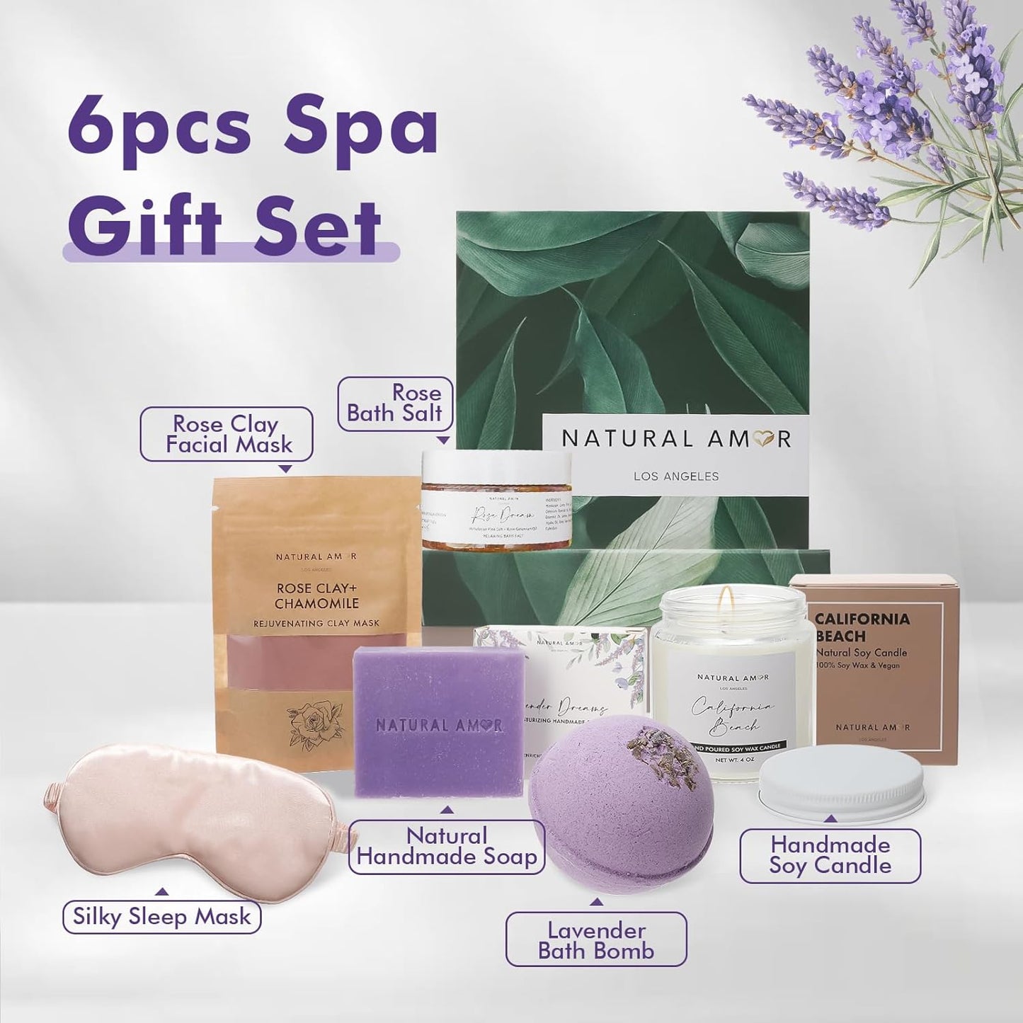 Natural Amor Spa Gift Set | 6-Piece Self-Care Box with Handmade Soap, Bath Bomb, Candle & Skincare Essentials