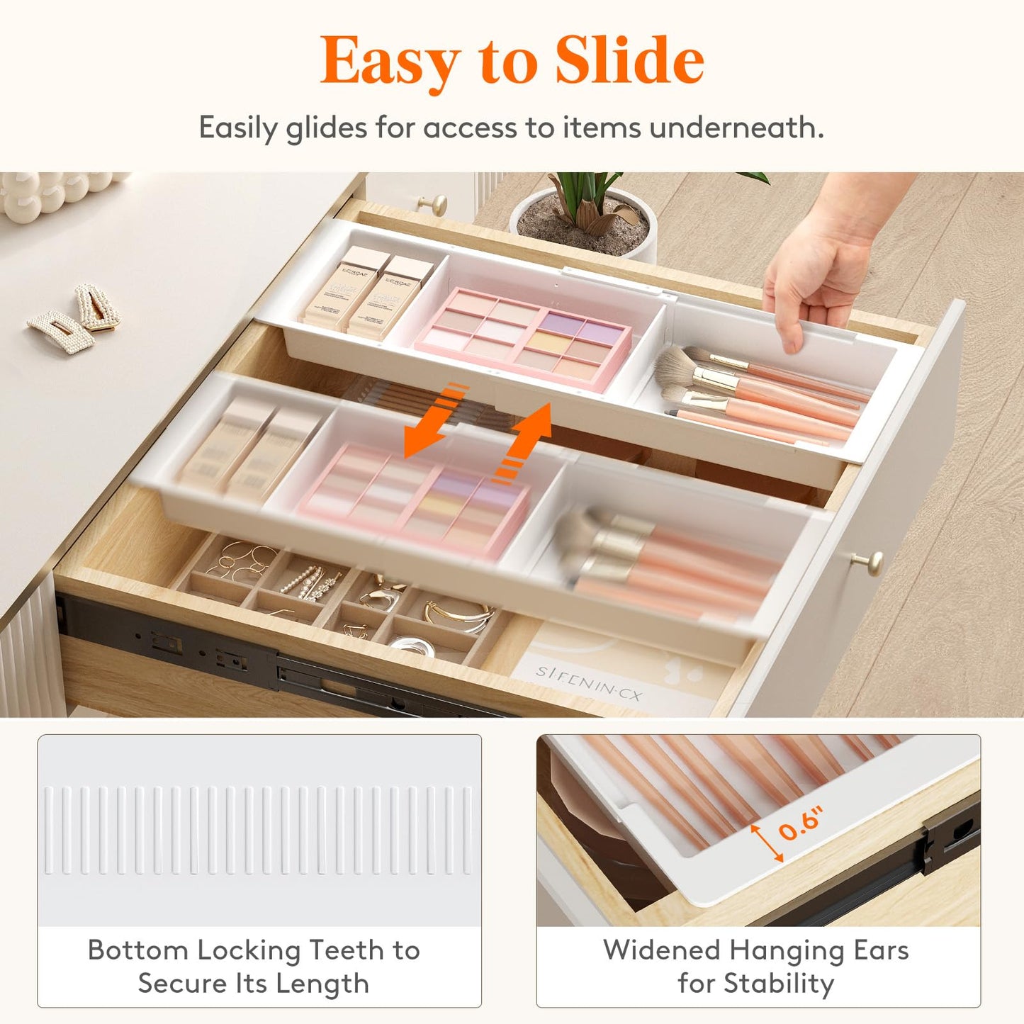 Lifewit Sliding Makeup Drawer Organizer, Fits 13-20" Deep Drawers, Extendable Hanging Divider, 1.8" High Plastic Tray for Vanity, Office, Kitchen, White, 2Pcs