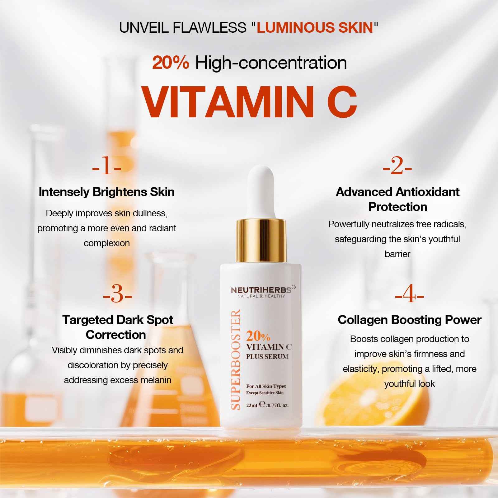 NEUTRIHERBS Advanced 20% Vitamin C Serum for Face, Renew Glow Brightening & Anti-Aging, Antioxidant Even Skin Tone Boost Collagen, All Nature Serum for Women And Men- 0.77 Fl Oz