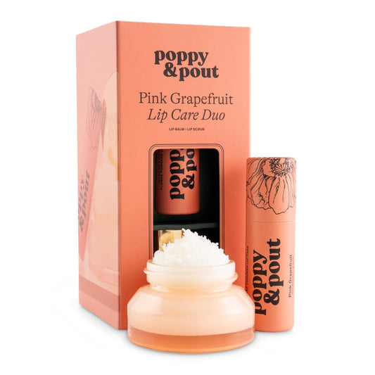 Poppy & Pout Lip Care Set | Lip Balm & Scrub | Sustainable Cardboard Tubes & Glass Jars, All Natural, Beeswax, Coconut Oil, Cruelty Free, Exfoliating & Moisturizing Lip Treatment (Pink Grapefruit)