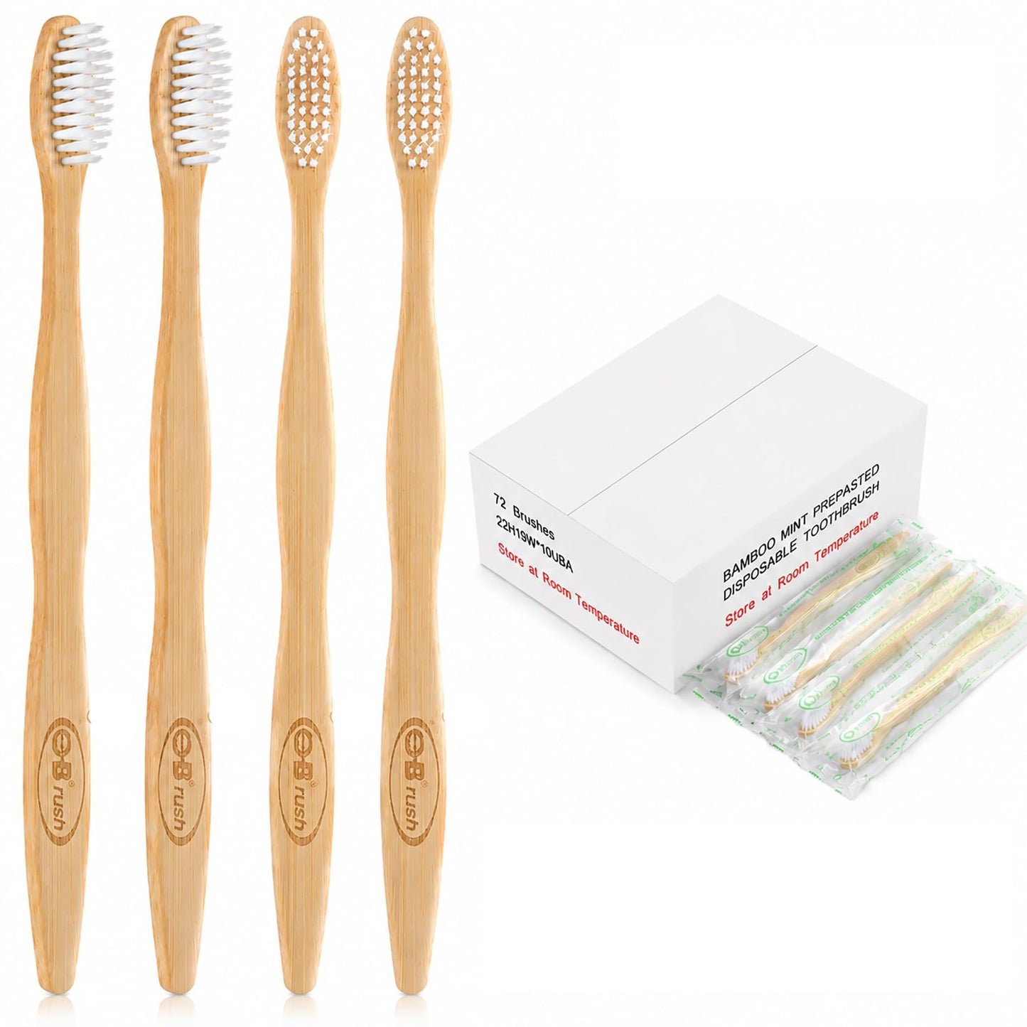 B Rush® 72Pack Bamboo Prepasted Toothbrush, Individually Wrapped Mini Travel Toothbrush with Pre-Pasted Mint Gel, Biodegradable Eco-Friendly Disposable Toothbrushes Travel Set for Adults & Kids